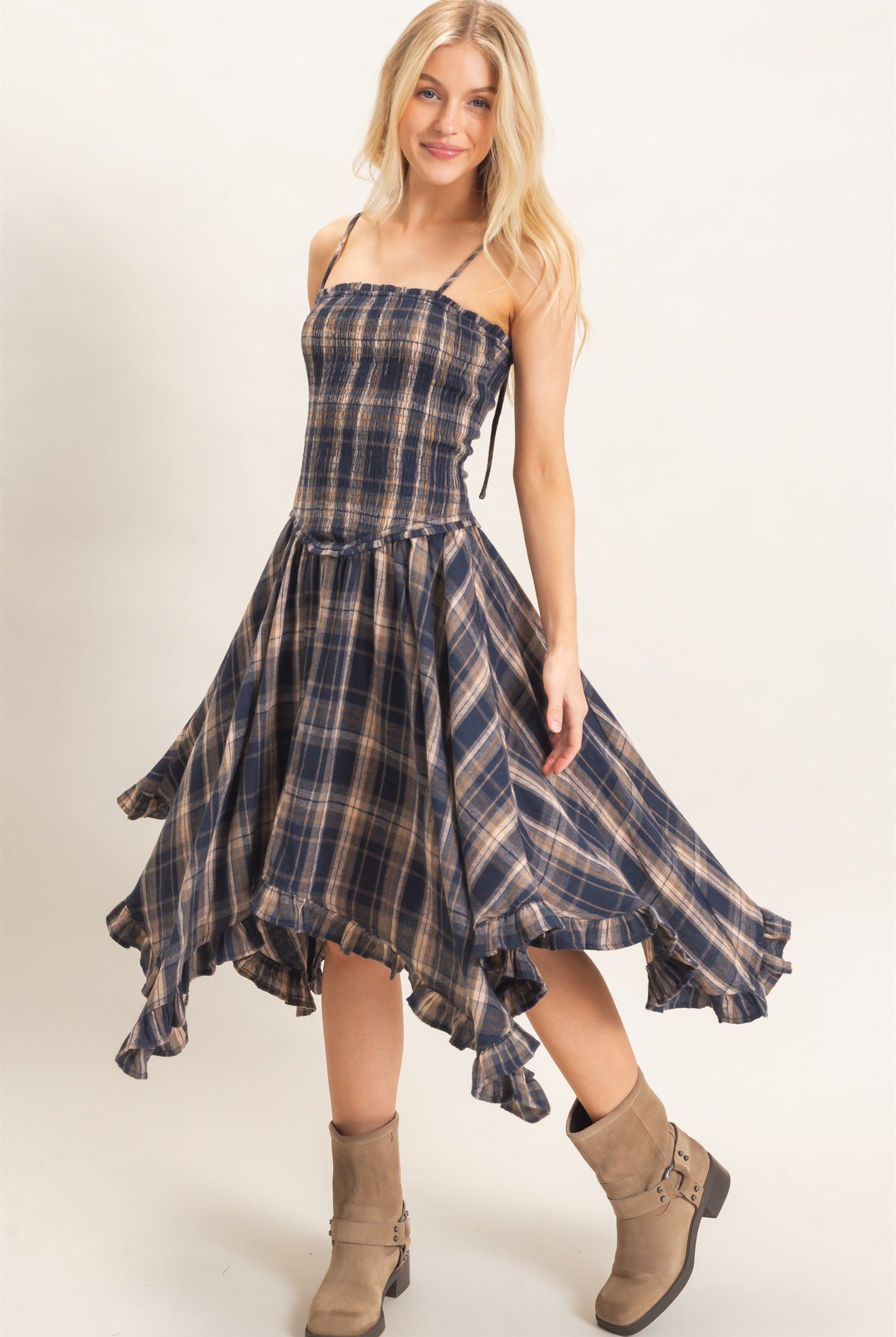 Wholesale Plaid Smocked Spaghetti Strap Dress Dresses HF26F211 NAVY HYFVE