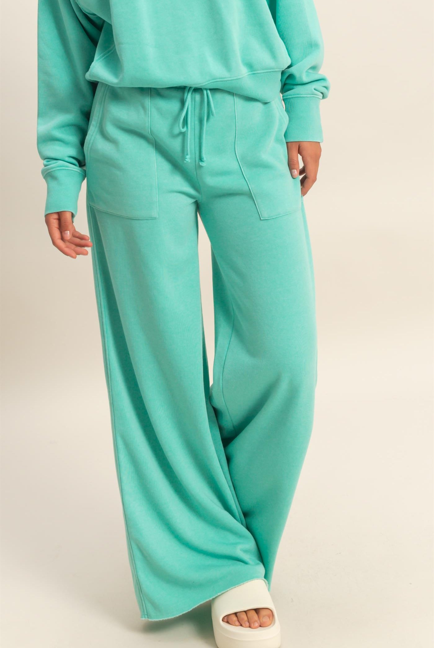 Wholesale Burnout French Terry Wide-Leg Pants Pants DZ26A259 TURQUOISE DOUBLE ZERO