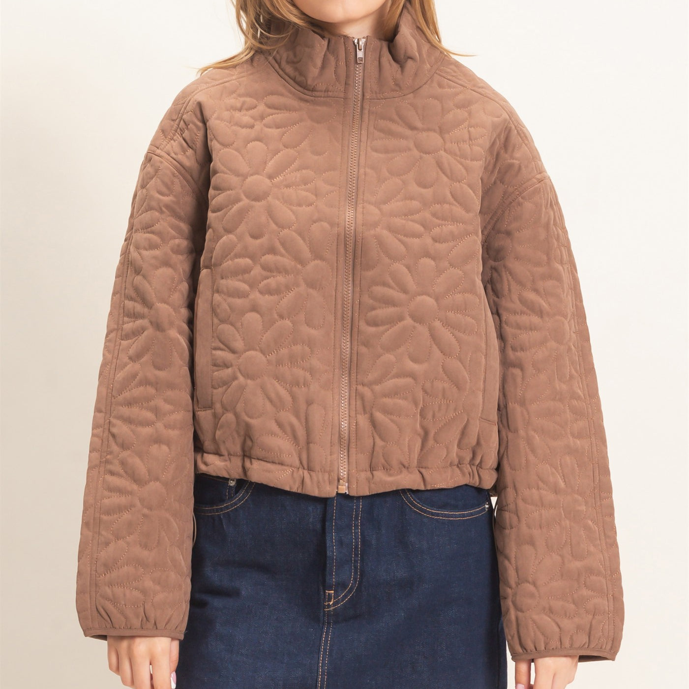 Wholesale Daisy Quilted Mock Neck Jacket Coats & Jackets HF26C821 BROWN HYFVE