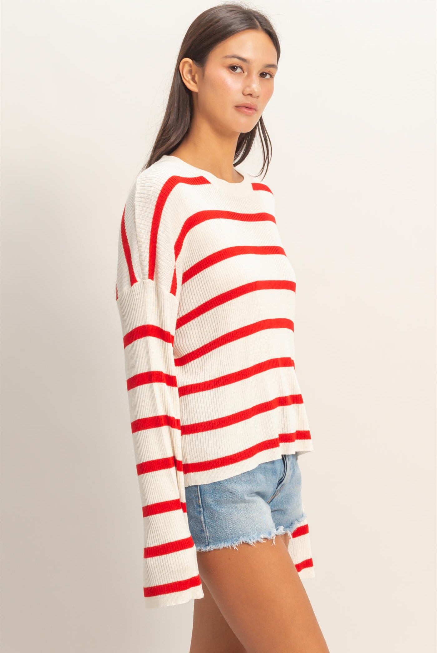 Wholesale Lightweight Wide-Sleeve Striped Sweater Clothing Tops DZ26A329 RED DOUBLE ZERO