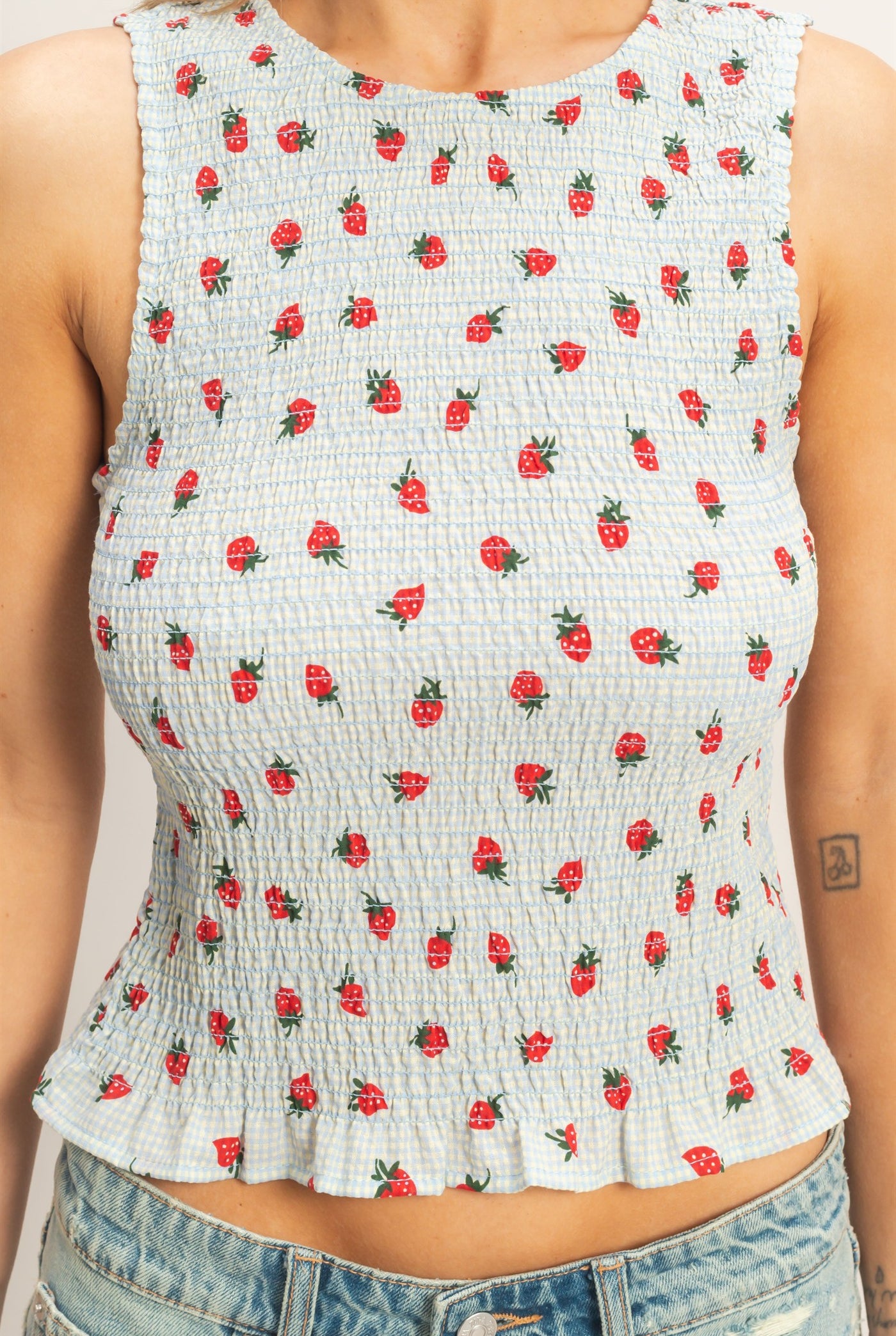 Wholesale Strawberry Print Gingham Smocked Sleeveless Top Clothing Tops HF26E707 BLUE HYFVE