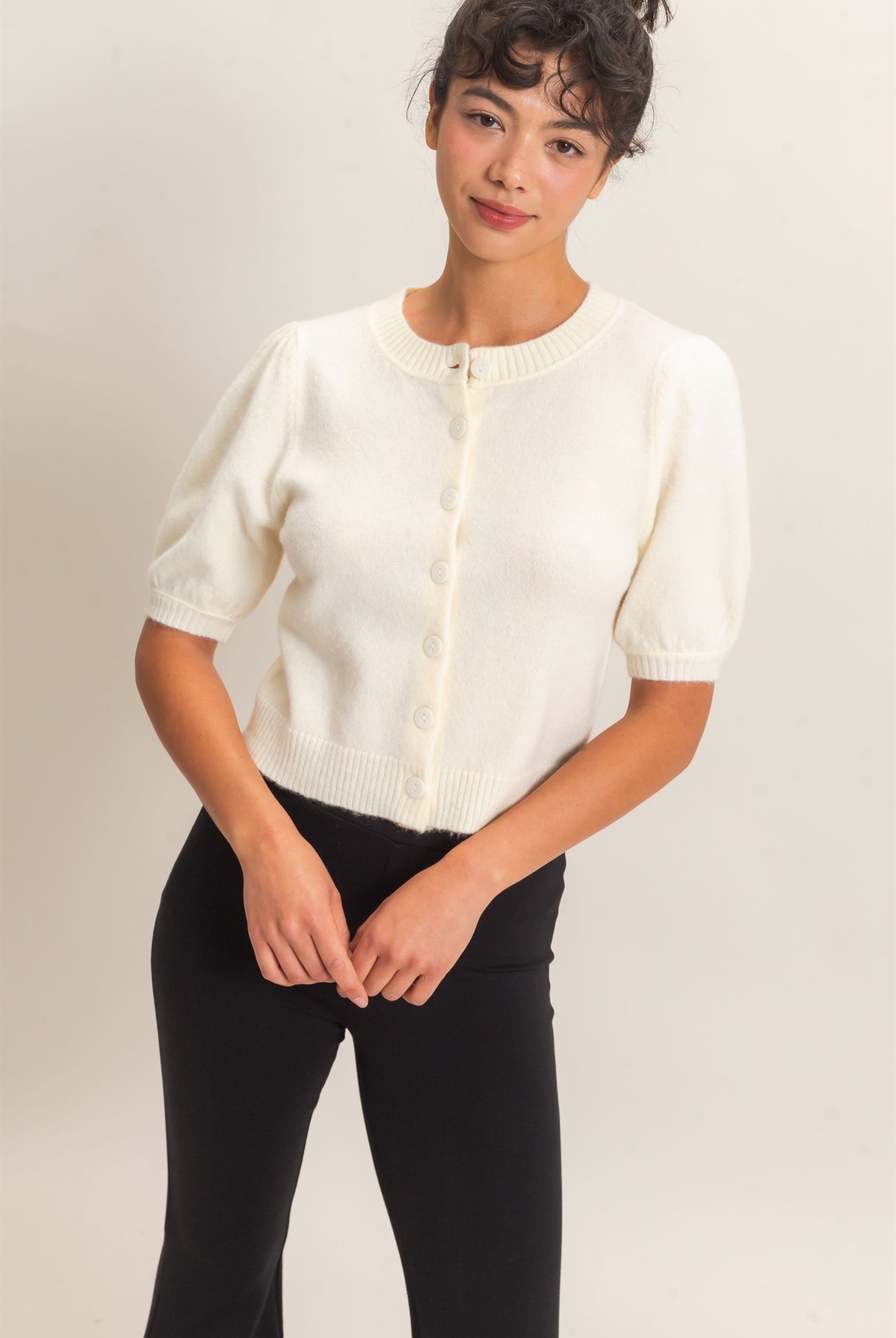 Wholesale Button Front Puff Short Sleeve Cardigan Cardigans DZ26C960 CREAM DOUBLE ZERO