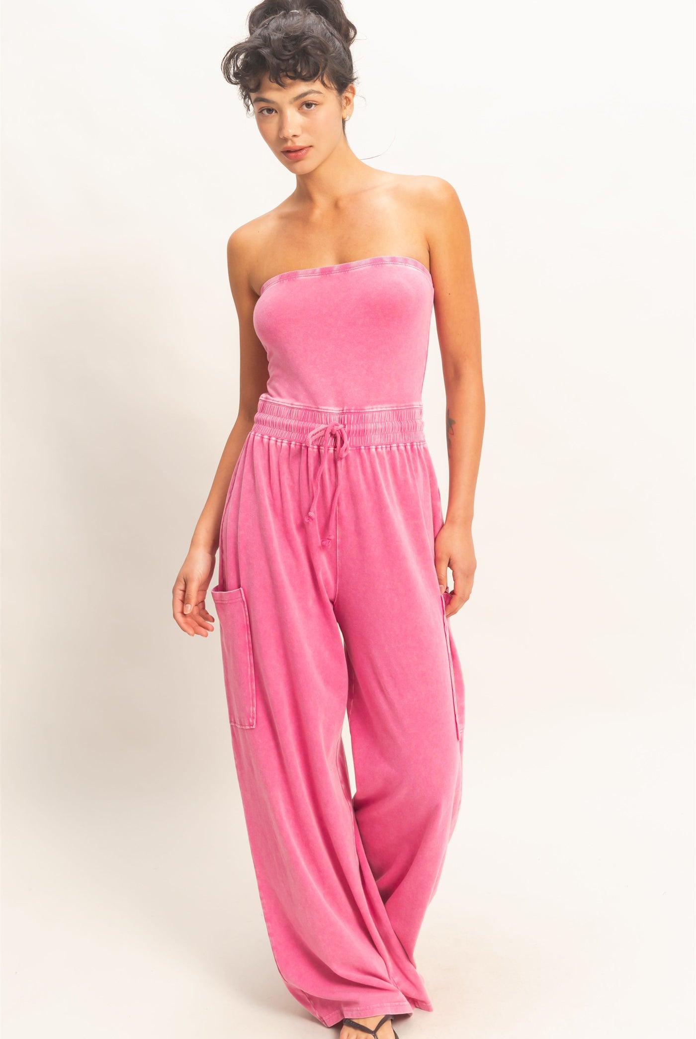 Wholesale Mineral Wash Strapless Wide-Leg Jumpsuit Clothing DZ26C376 FUCHSIA DOUBLE ZERO