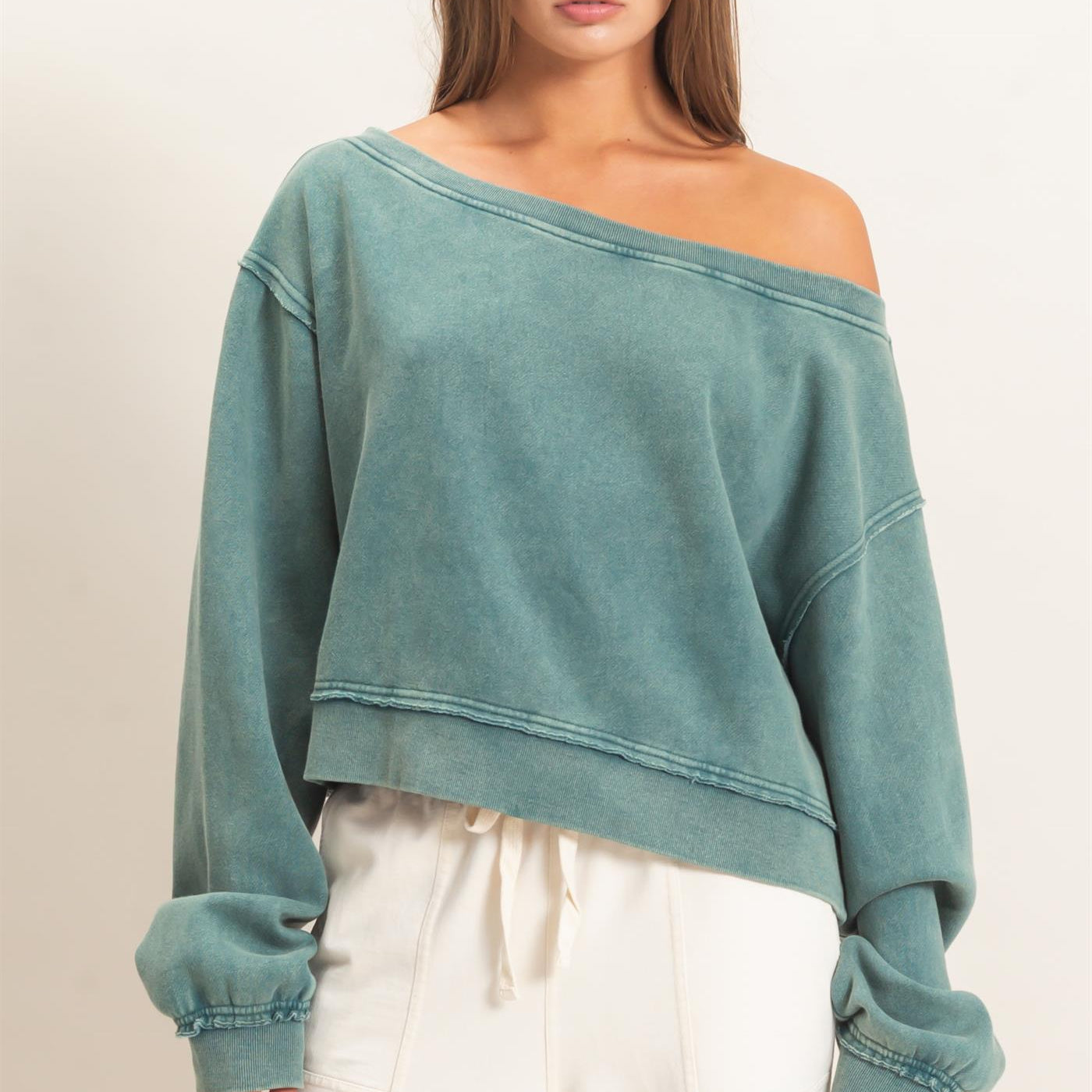 Wholesale Raw Edge Acid Wash Off The Shoulder Sweatshirt Sweatshirts DZ26F013 DARK TEAL DOUBLE ZERO