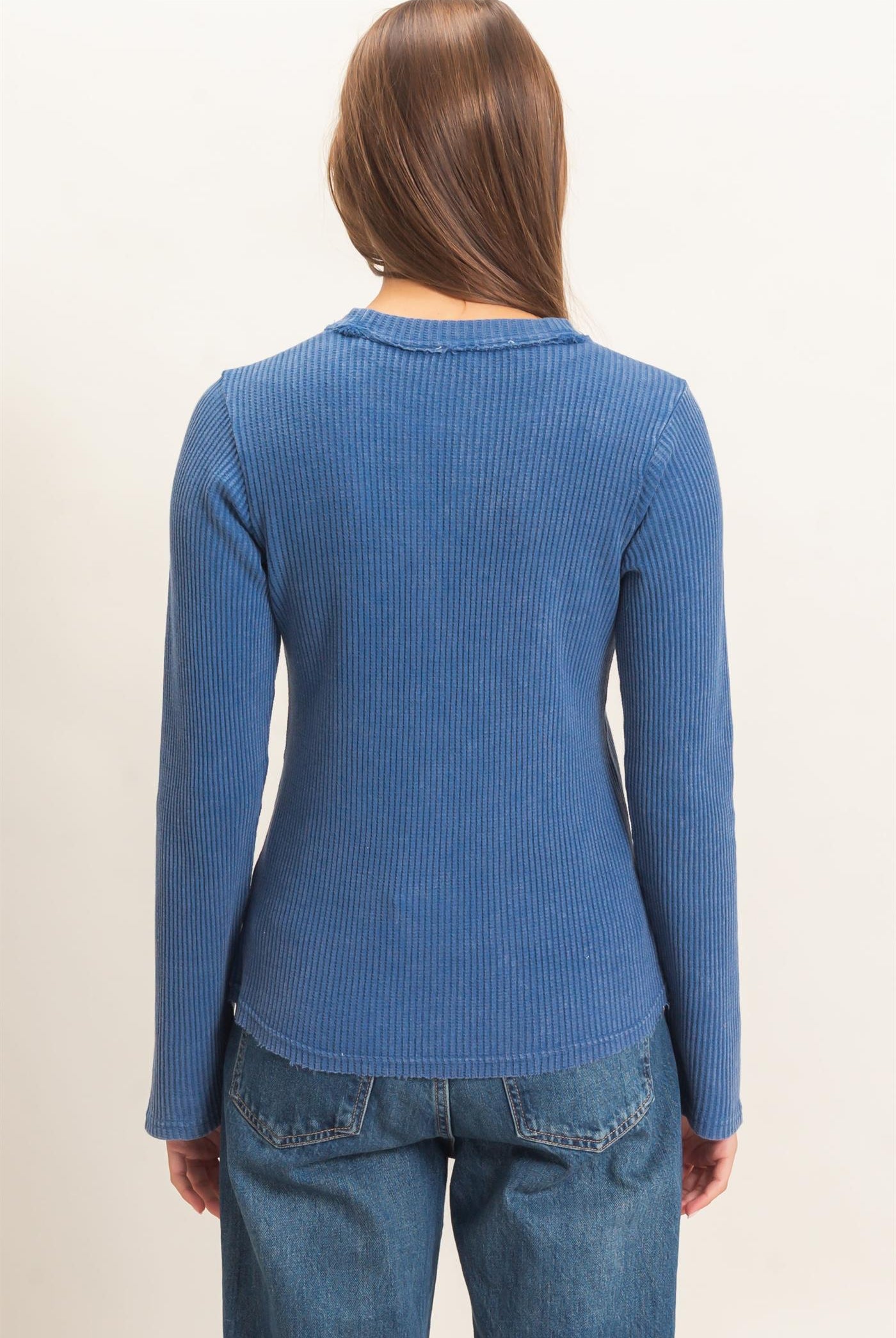 Wholesale Mineral Wash Waffle Henley Long Sleeve Top Clothing Tops DZ26E243 NAVY DOUBLE ZERO