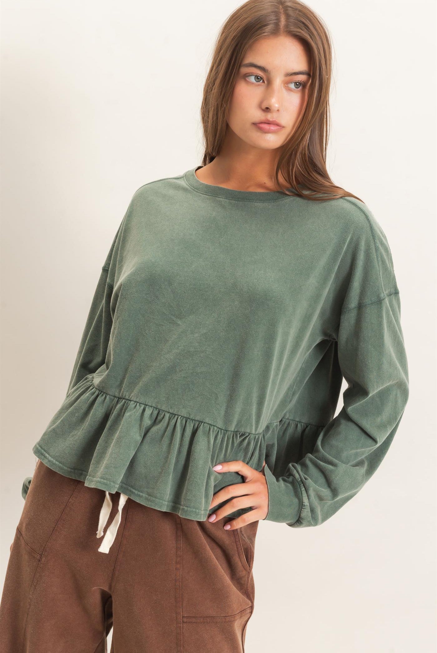 Wholesale Peplum Long Sleeve Top Clothing Tops DZ26F397 DARK GREEN DOUBLE ZERO