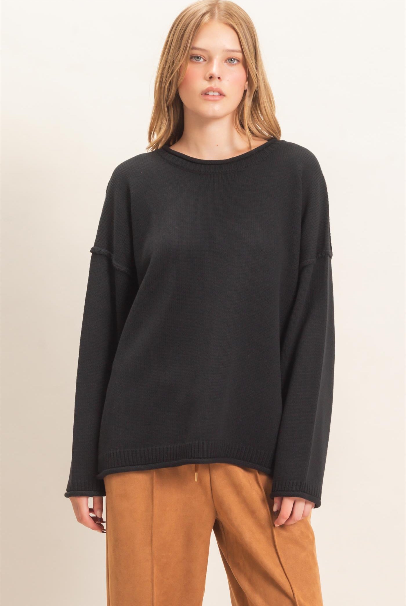Wholesale Ribbed Crew Neck Sweater Sweaters HF26E769 BLACK HYFVE