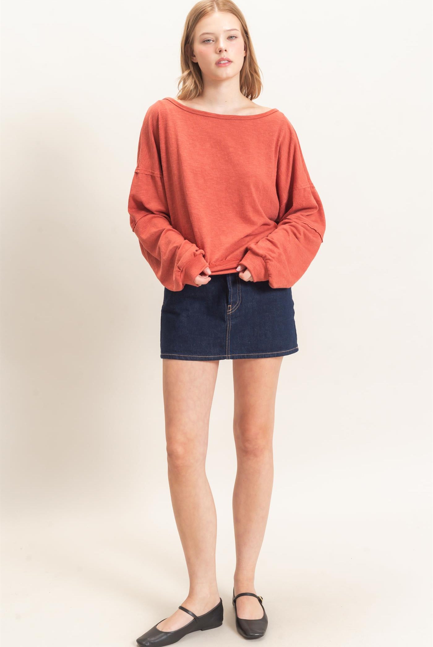 Wholesale Relaxed Boat Neck Long Sleeve Top Clothing Tops HF25F340 BRICK HYFVE