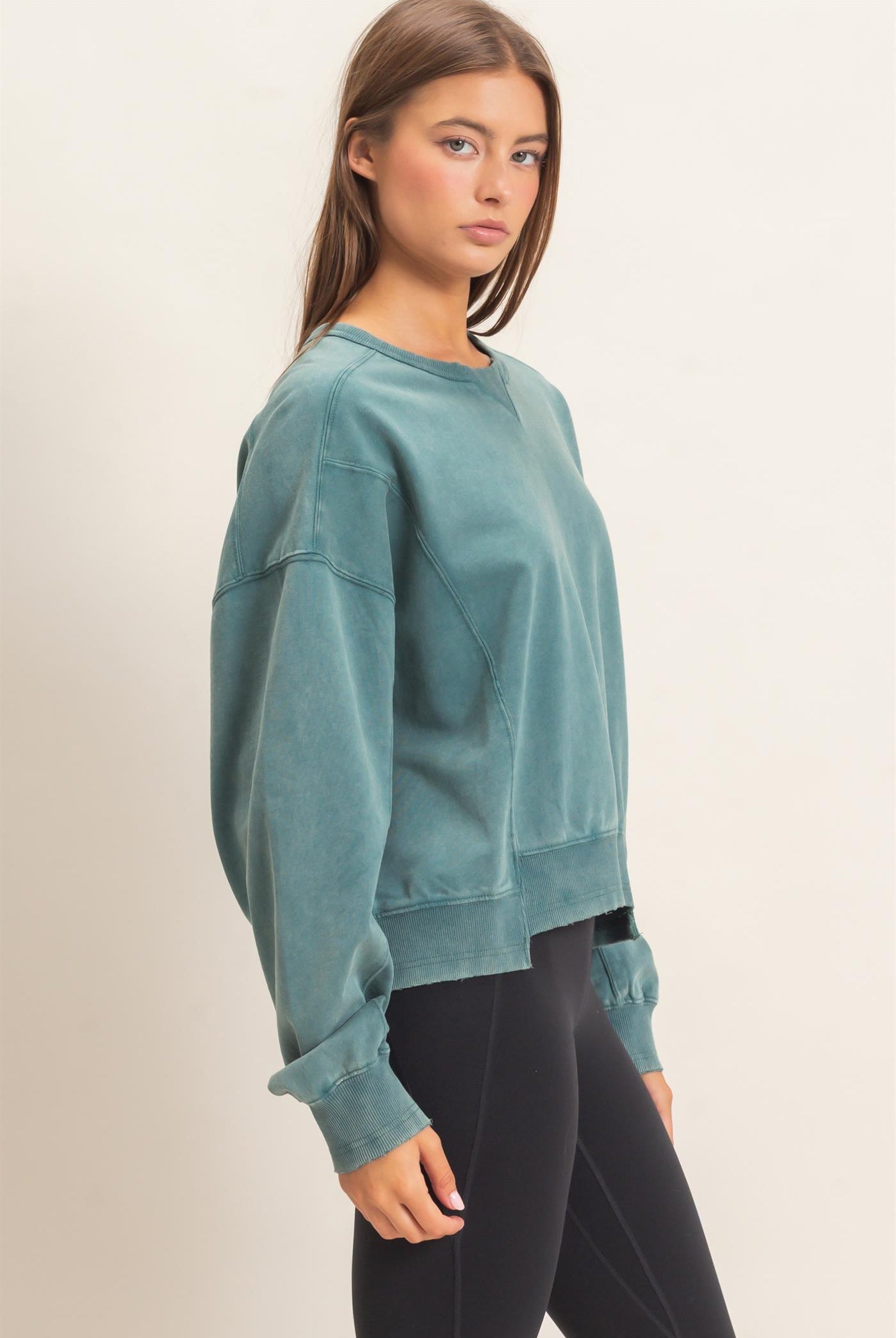 Wholesale Acid Wash Seam Detail Crew Neck Sweatshirt Sweatshirts DZ26E260 DARK TEAL DOUBLE ZERO