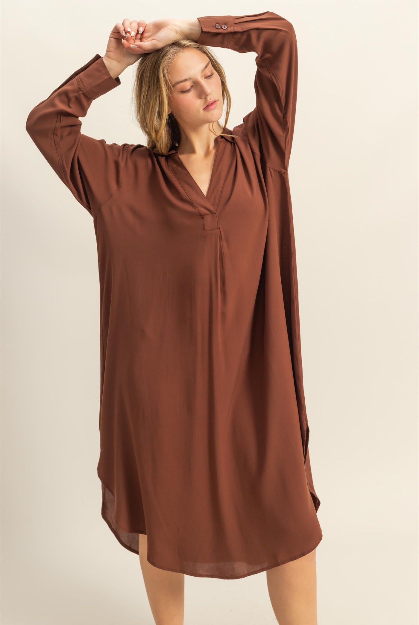 Wholesale V-Neck Long Sleeved Midi Shirts Dress Dresses DZ24E706 CHESTNUT DOUBLE ZERO