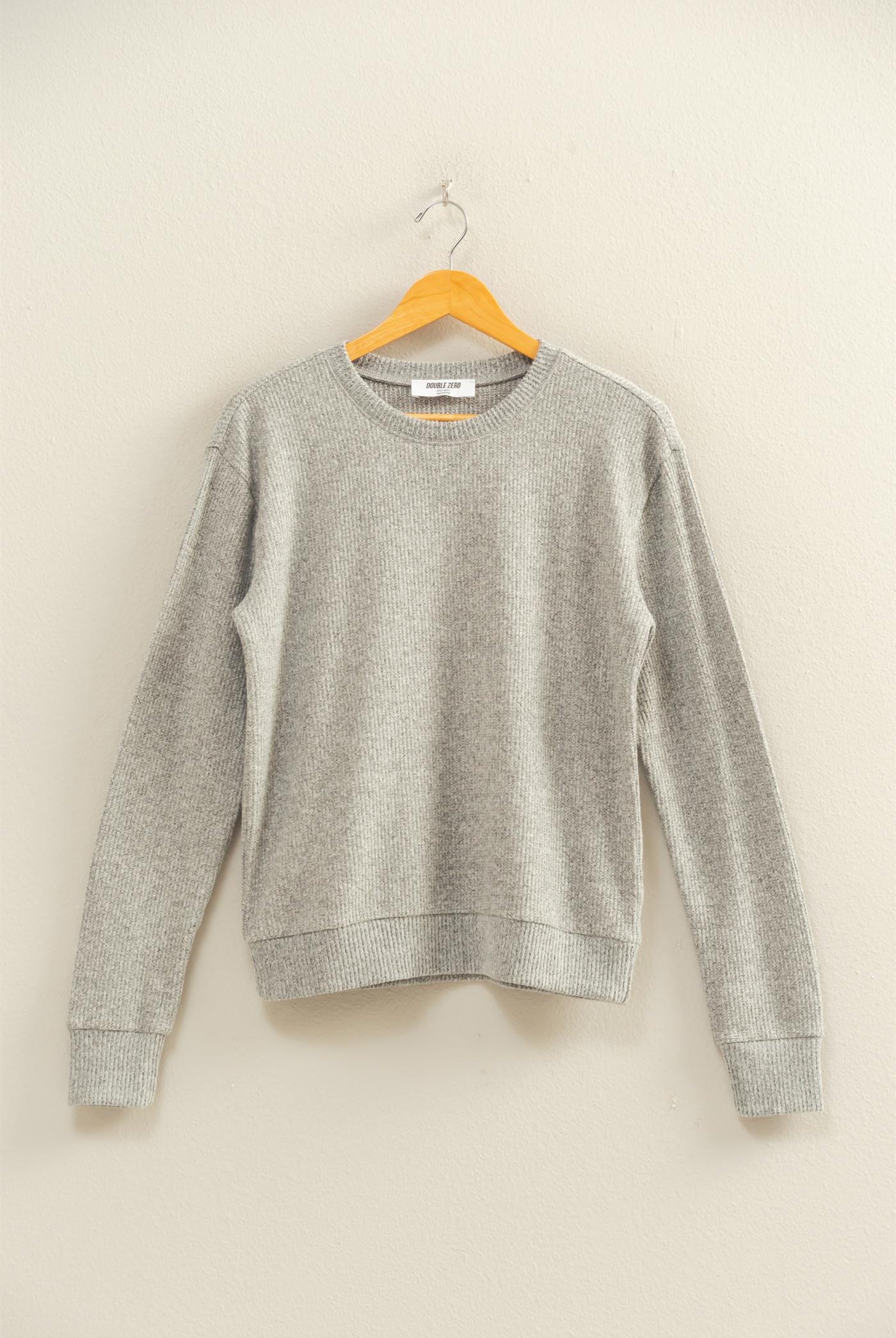 Wholesale Brushed Waffle Crew Neck Long Sleeve Top Clothing Tops DZ26A177 HEATHER GRAY DOUBLE ZERO