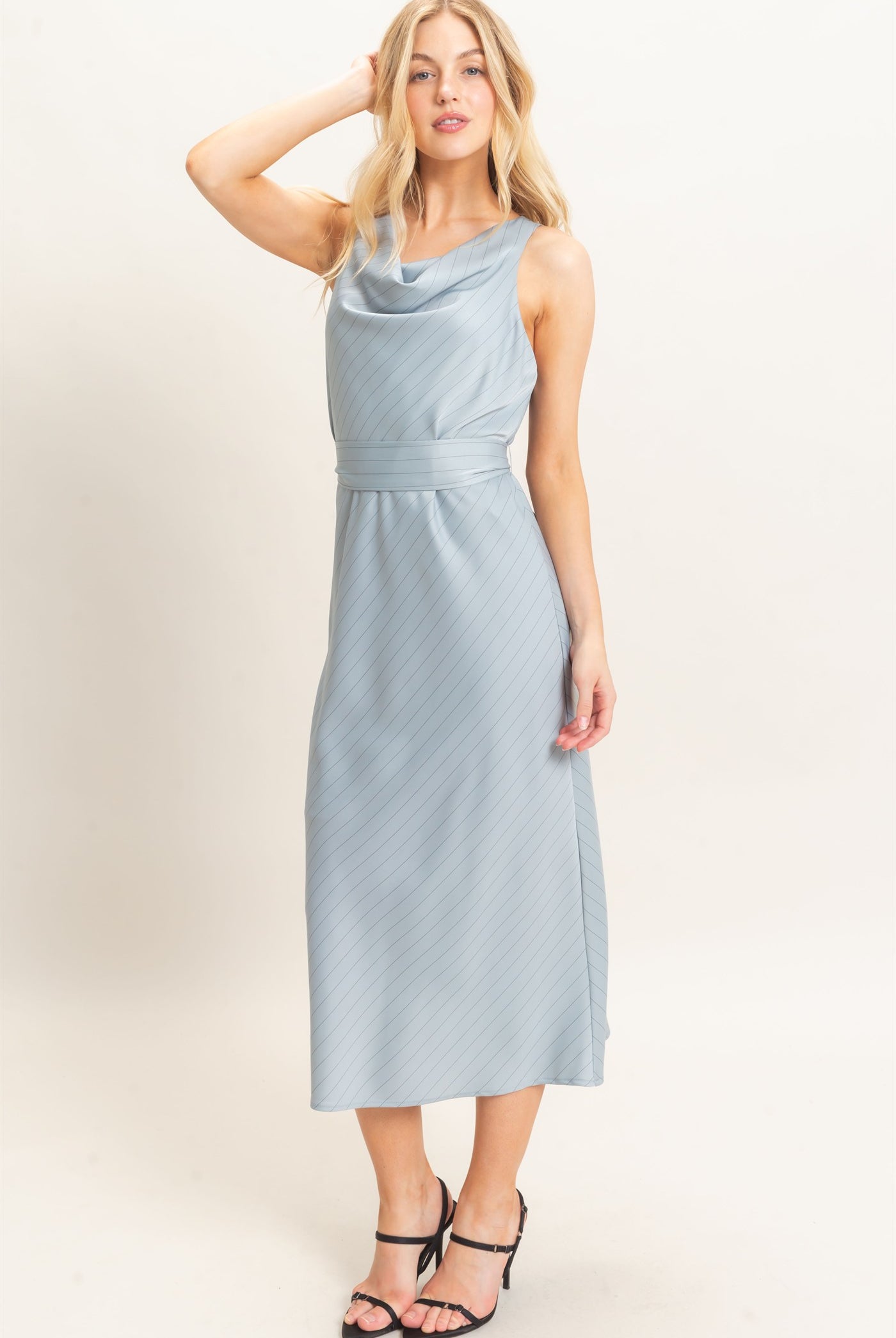 Wholesale Cowl Neck Sleeveless Belted Dress Dresses HF25E739 DUSTY BLUE HYFVE