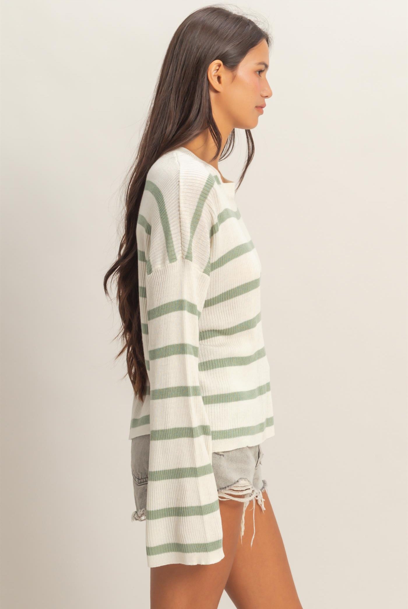 Wholesale Lightweight Wide-Sleeve Striped Sweater Clothing Tops DZ26A329 SAGE GREEN DOUBLE ZERO
