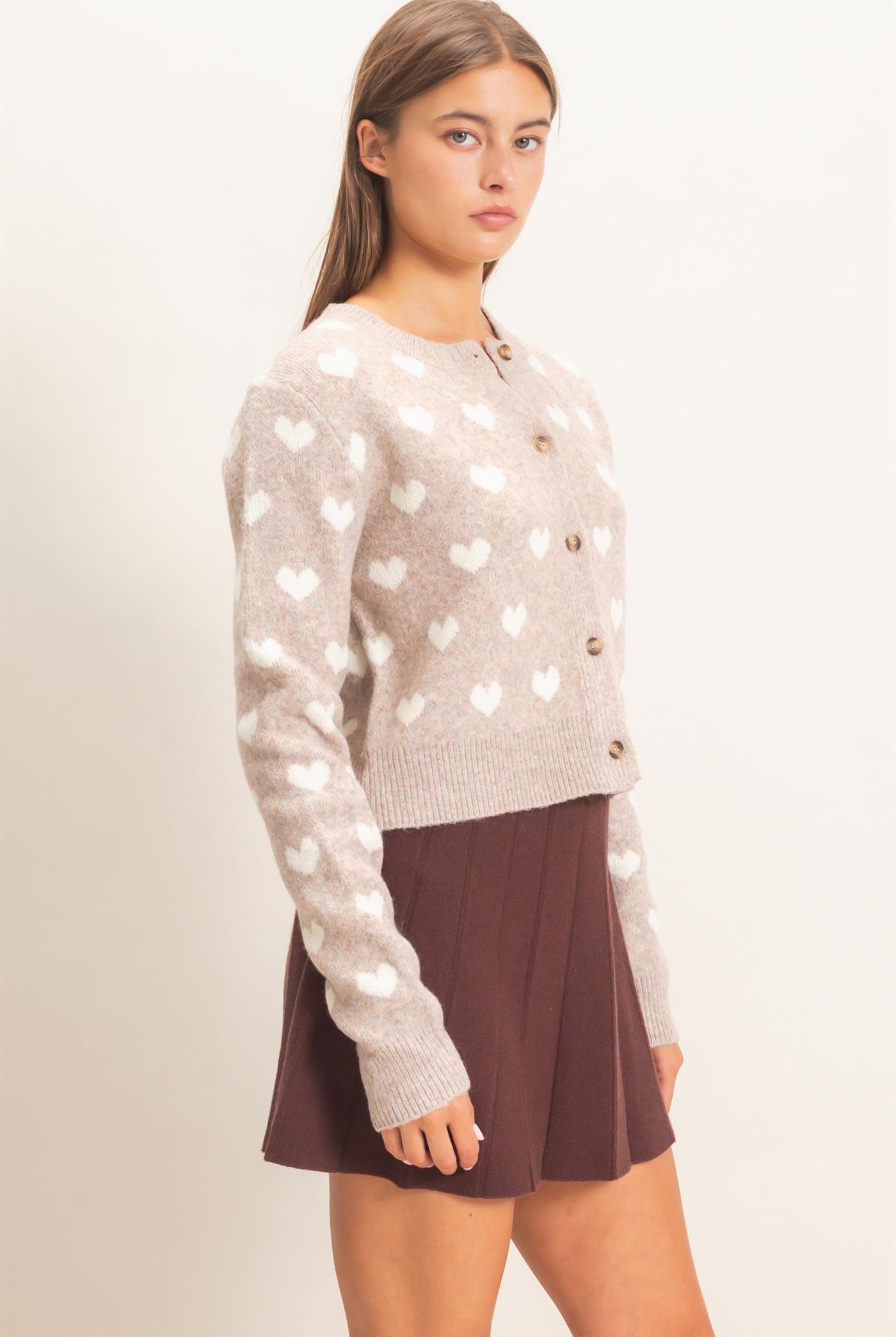 Wholesale Heart Pattern Cardigan Cardigans DZ26E320 TAUPE DOUBLE ZERO