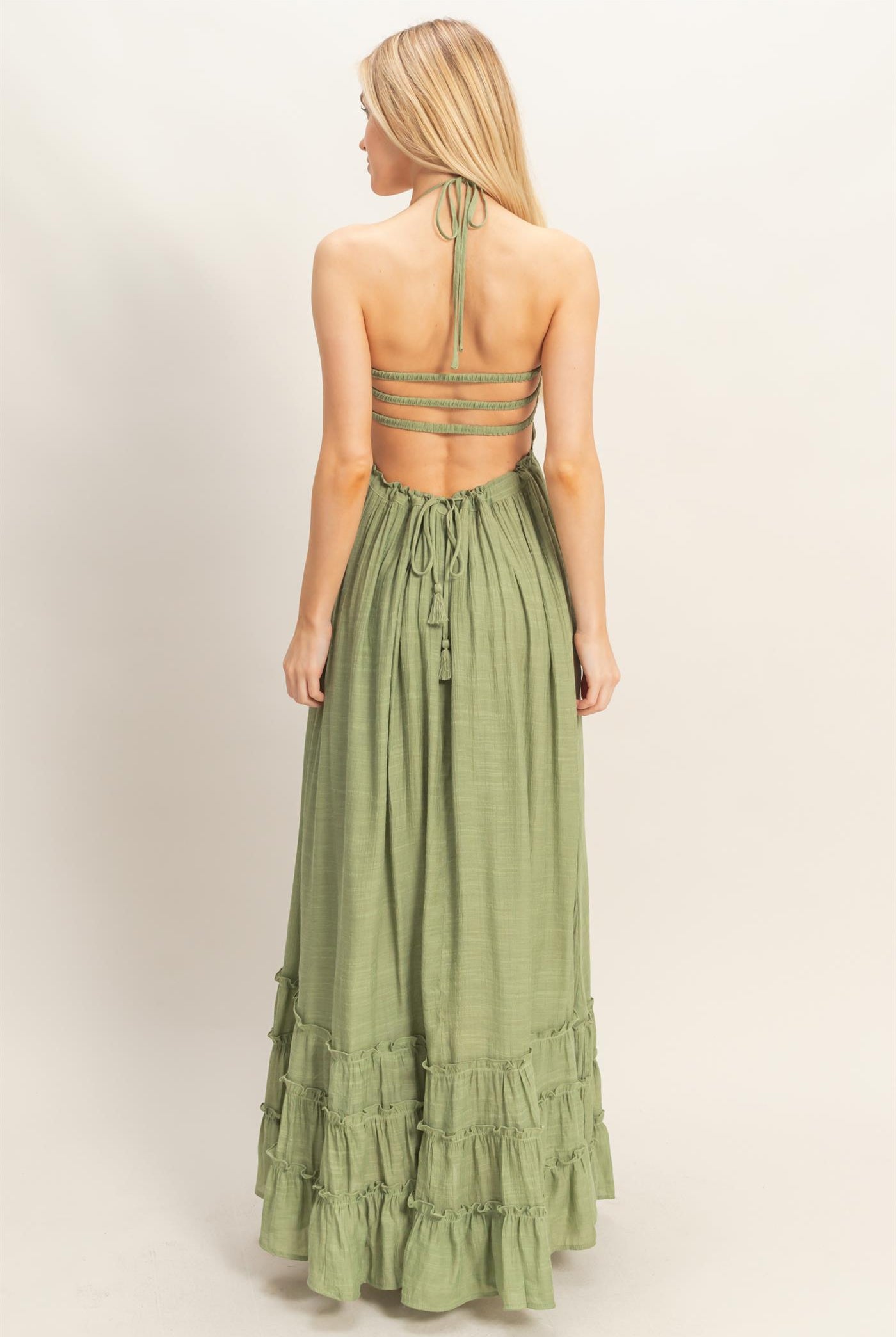 Wholesale Smocked Halter Maxi Dress Dresses HF26C290-D LIGHT OLIVE HYFVE