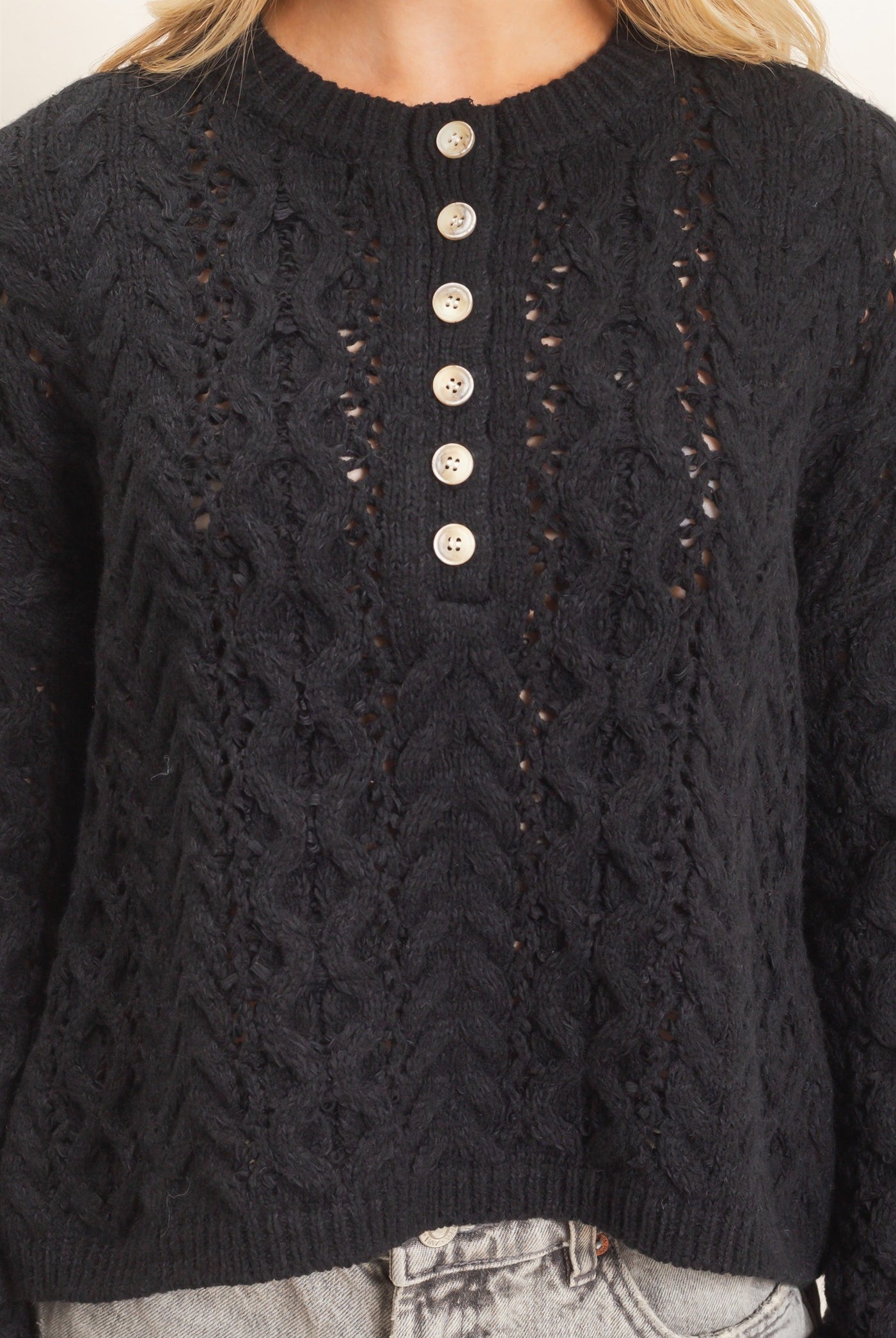 Wholesale Cable Knit Henley Sweaters HF26E552 BLACK HYFVE