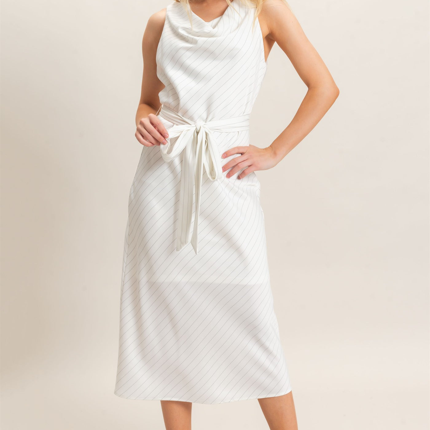 Wholesale Cowl Neck Sleeveless Belted Dress Dresses HF25E739 WHITE HYFVE