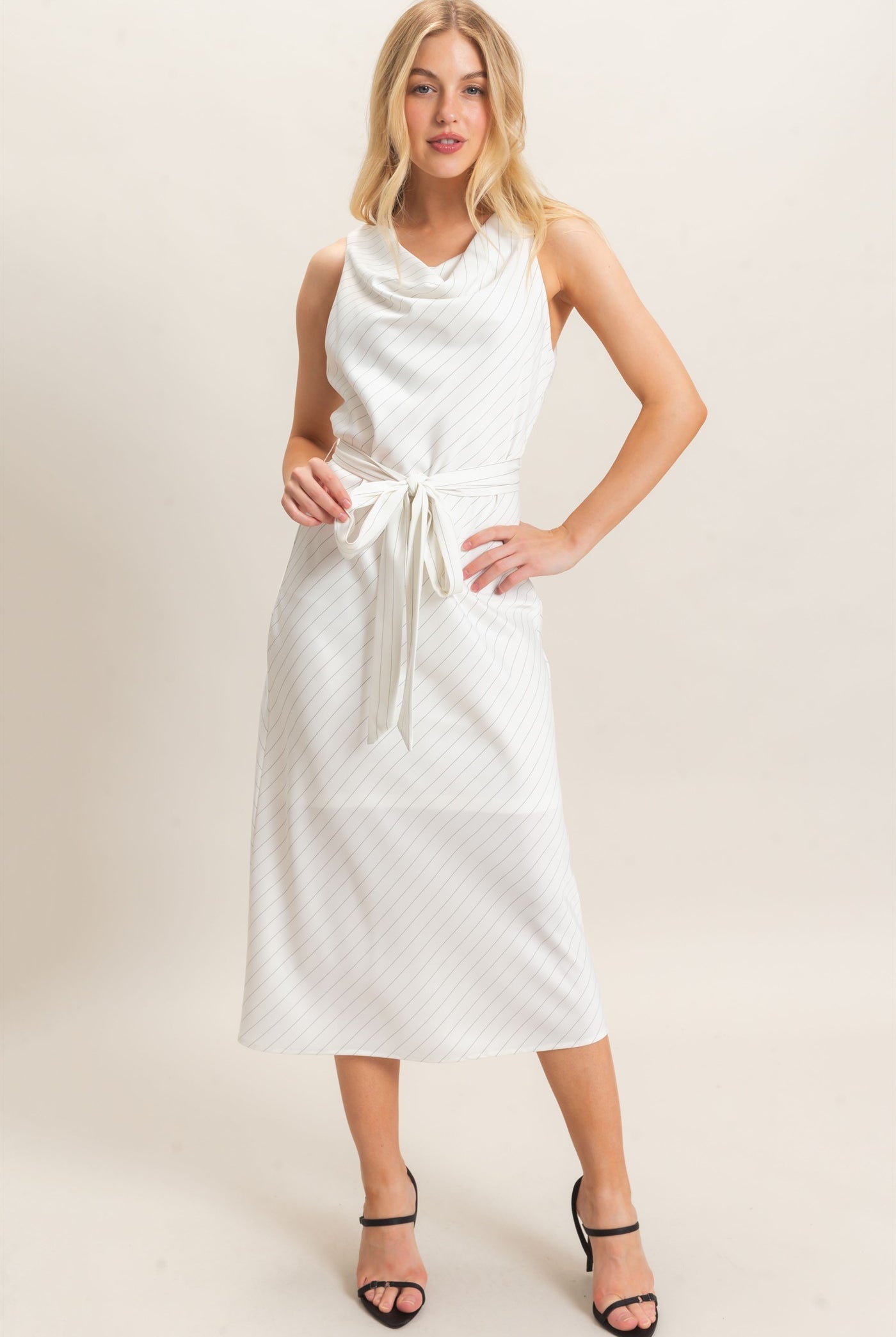 Wholesale Cowl Neck Sleeveless Belted Dress Dresses HF25E739 WHITE HYFVE