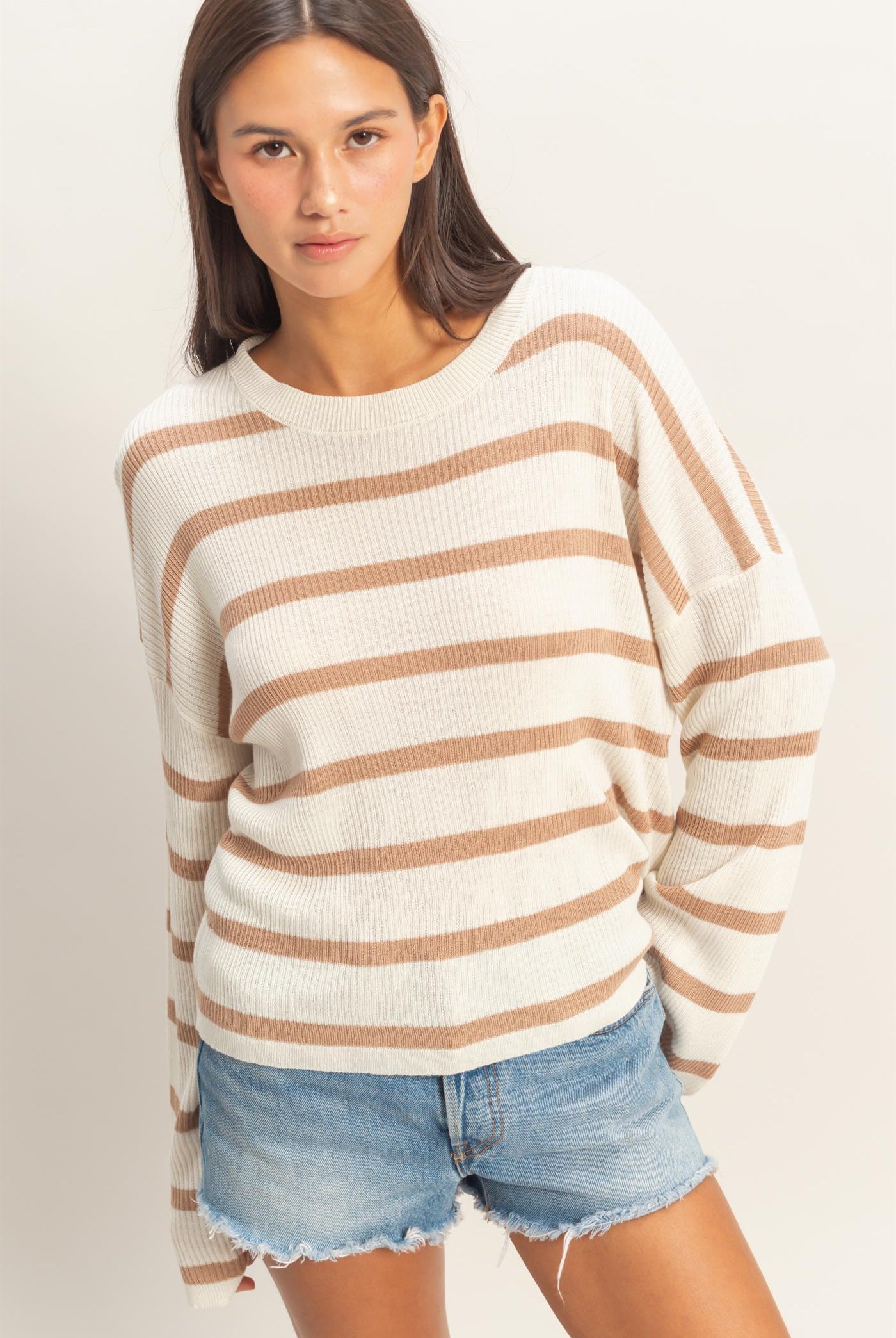 Wholesale Lightweight Wide-Sleeve Striped Sweater Clothing Tops DZ26A329 DARK TAUPE DOUBLE ZERO
