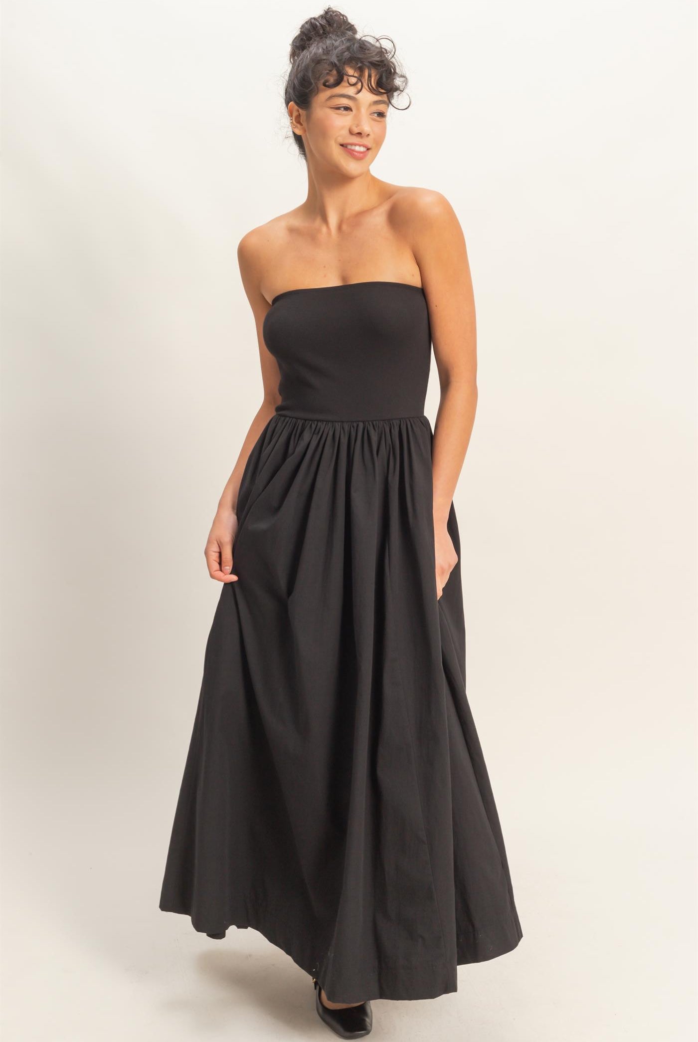 Wholesale Strapless Flowy Midi Dress Dresses DZ26A744 BLACK DOUBLE ZERO