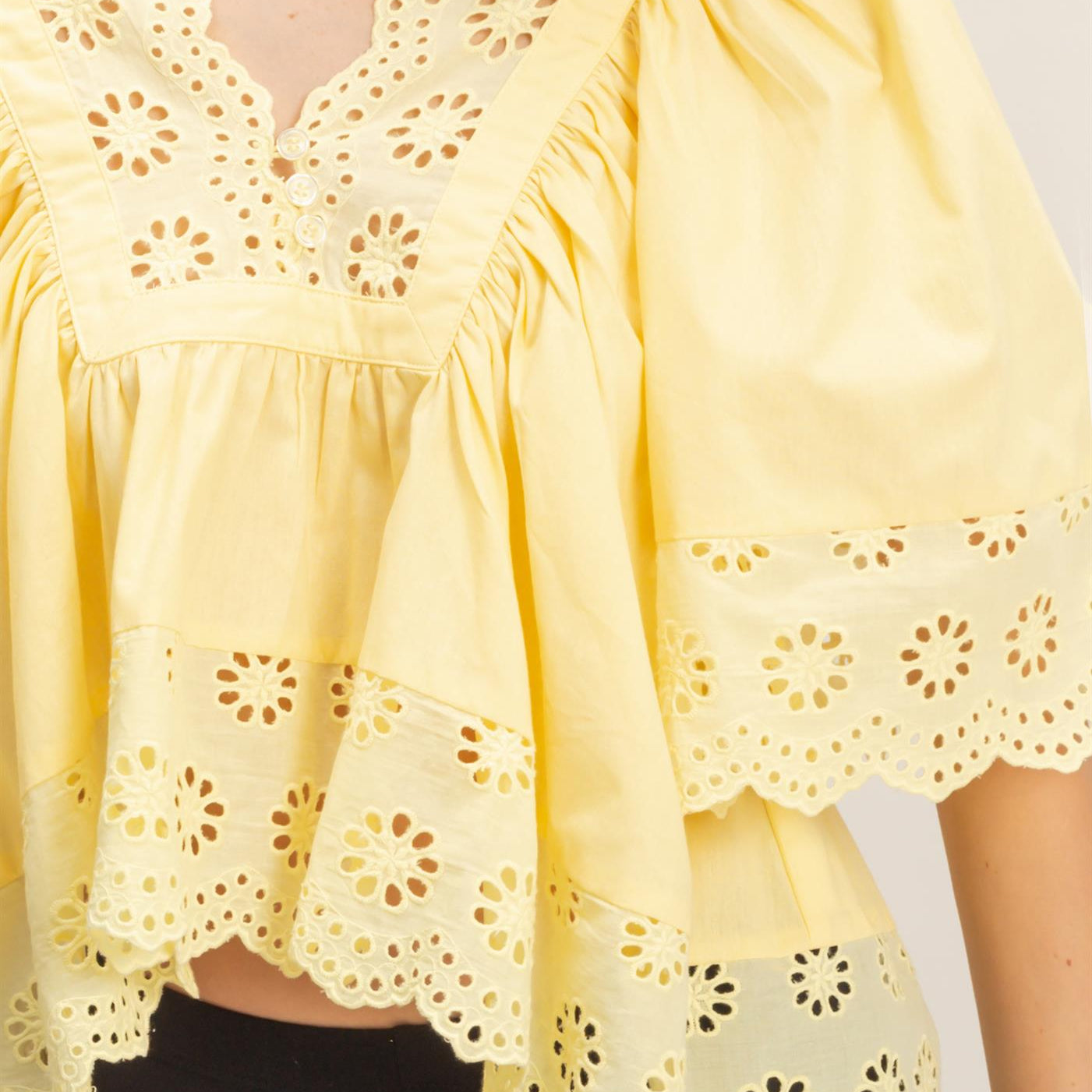 Wholesale Scalloped Eyelet Babydoll Top Clothing Tops HF26C293 YELLOW HYFVE