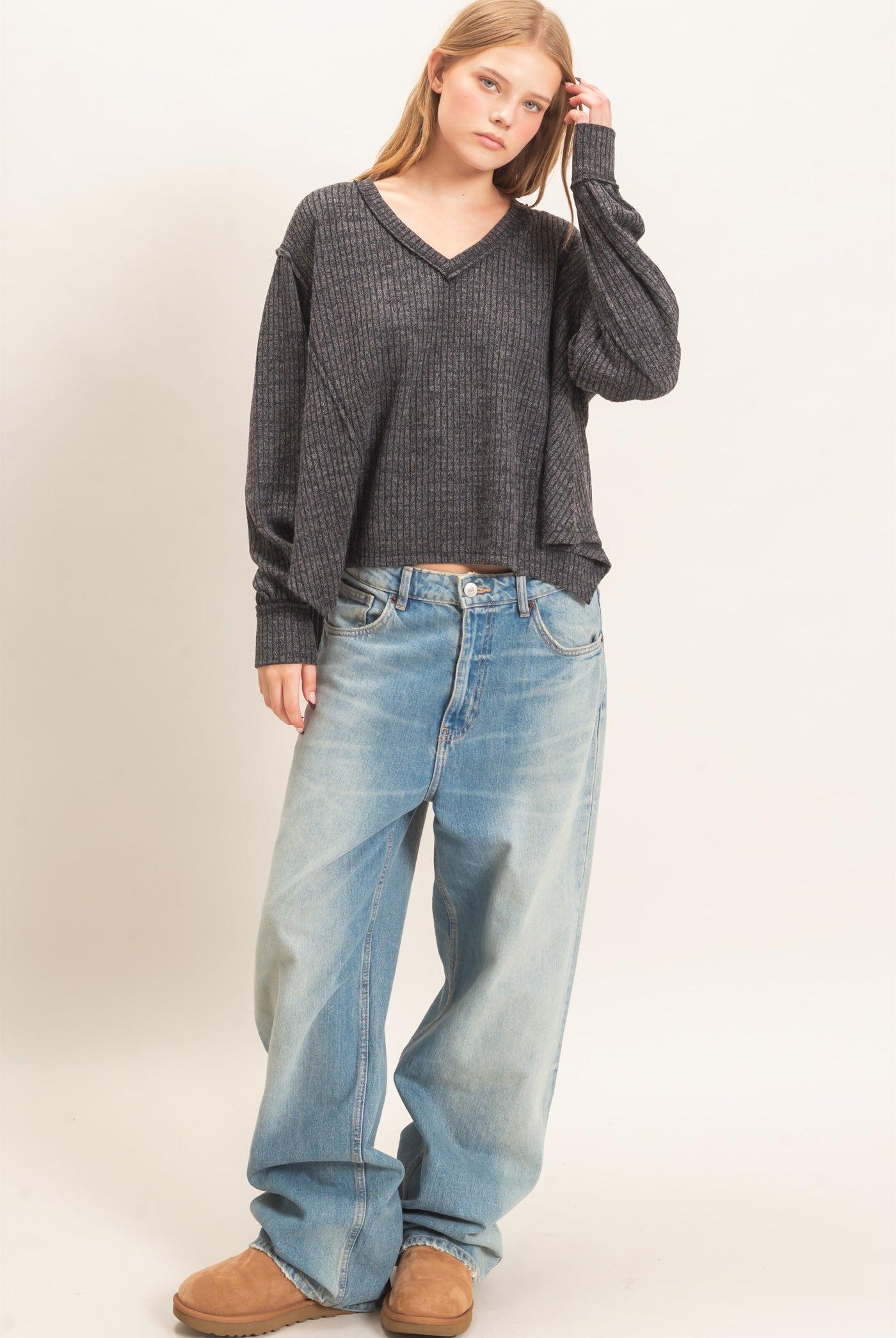 Wholesale Ribbed V-Neck Knit Top Shirts HF26F351 BLACK HYFVE