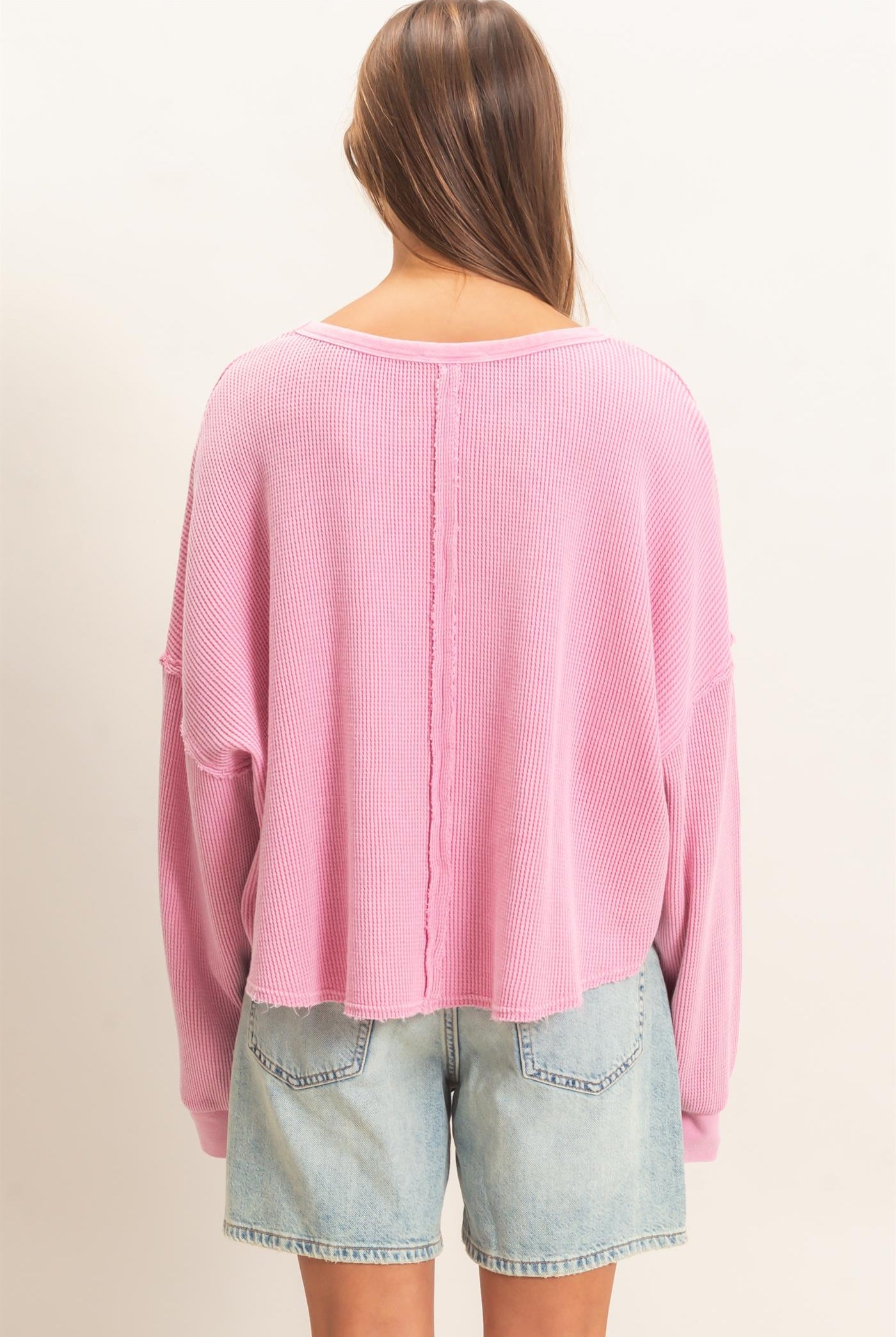 Wholesale Mineral Wash Waffle Oversized Top Clothing Tops DZ26E248 PINK DOUBLE ZERO