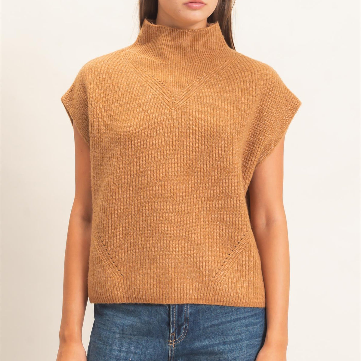 Wholesale Sleeveless High Neck Sweater Sweaters DZ26E295 CAMEL DOUBLE ZERO