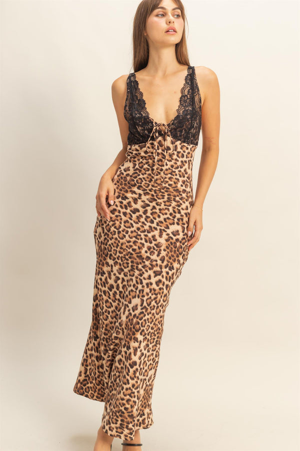 Lace-Trimmed Leopard Print Slip Dress