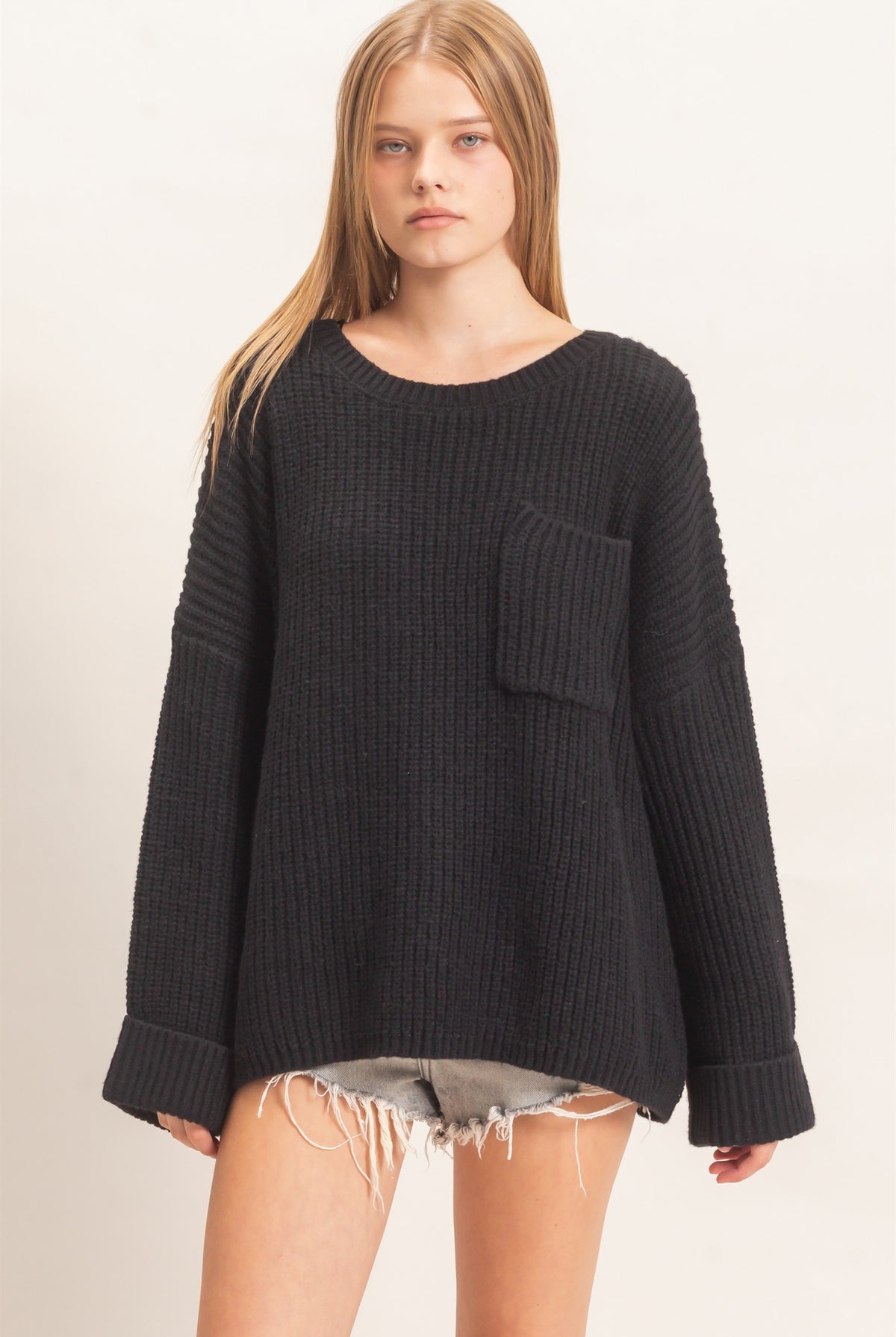 Wholesale Ribbed Knit Patch Pocket Sweater Sweaters HF26F177 BLACK HYFVE