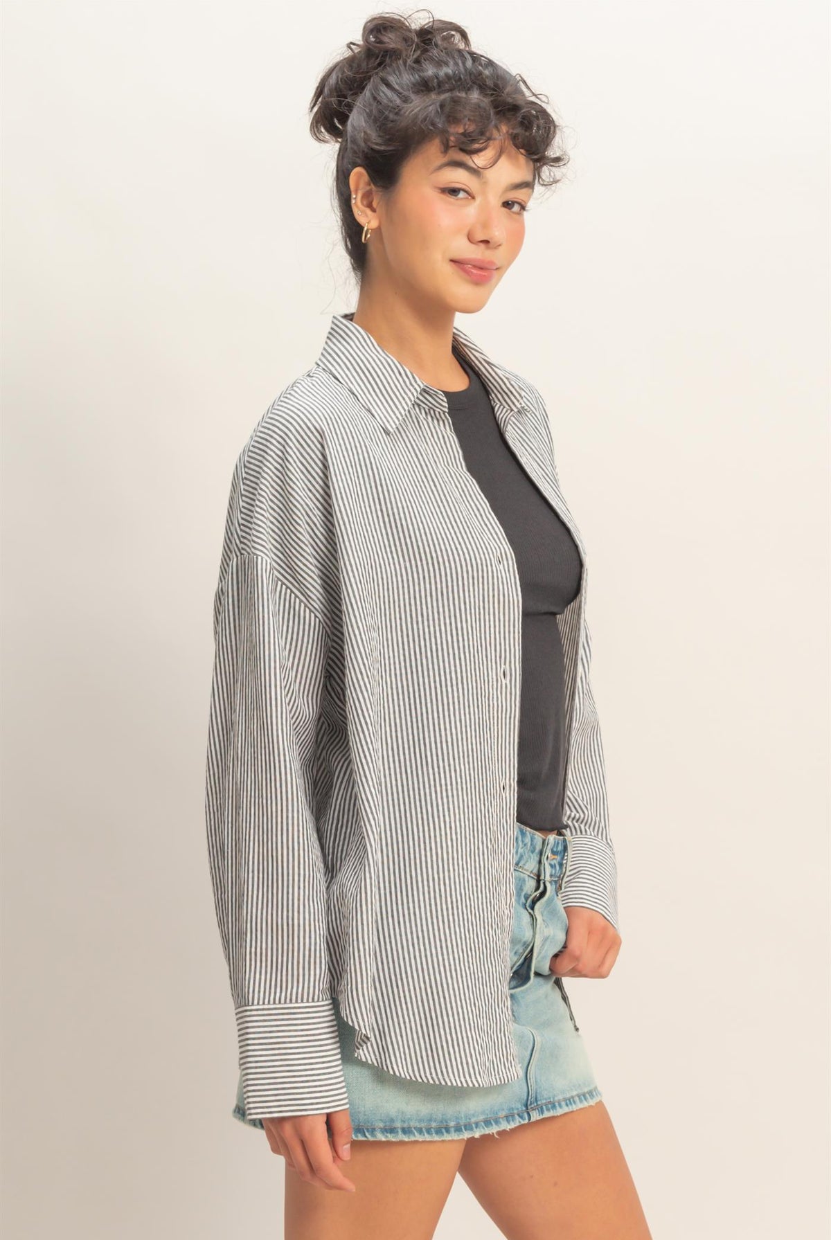 Wholesale Striped Button-Up Shirt Shirts DZ26A737 BLACK DOUBLE ZERO