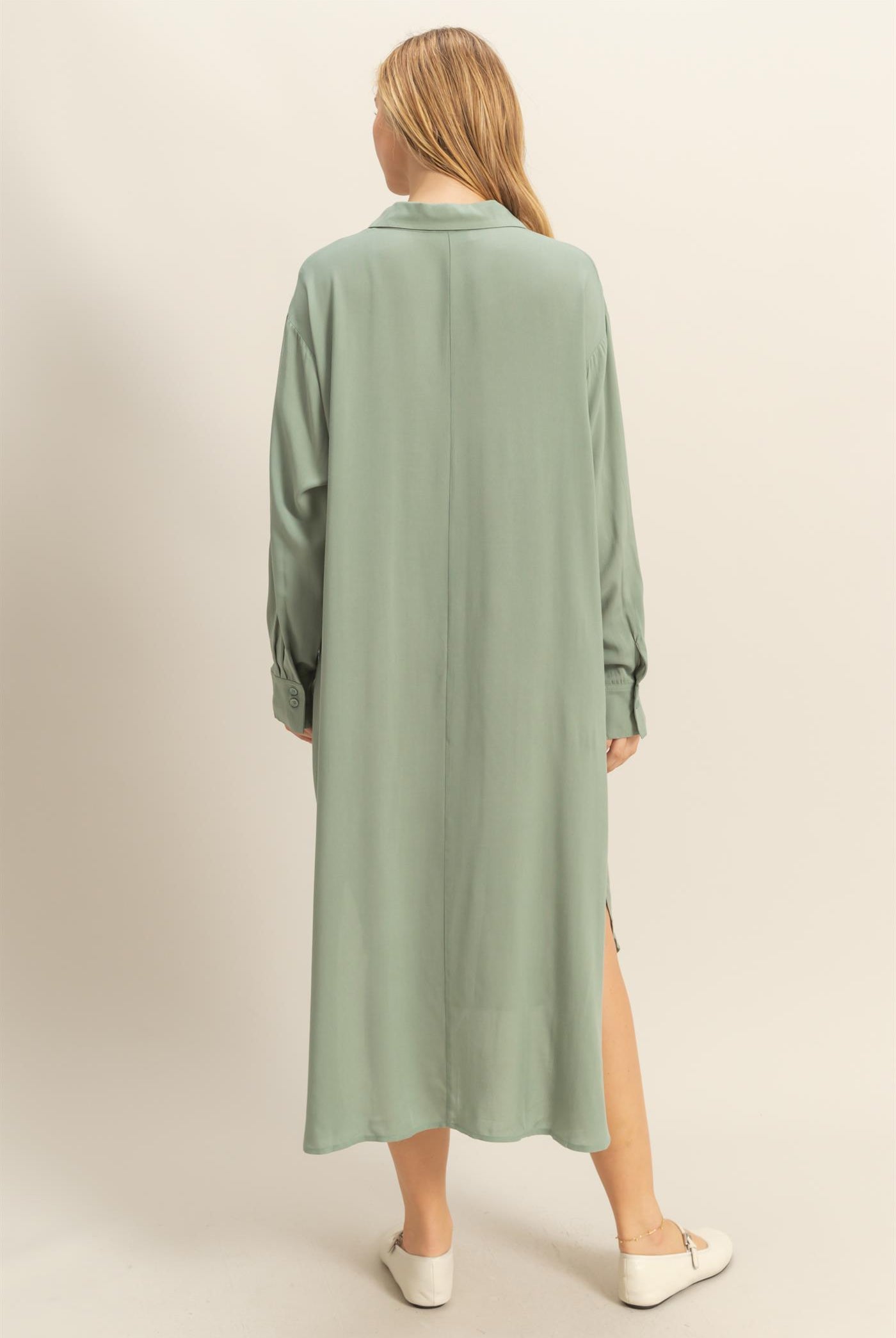 Wholesale V-Neck Long Sleeved Midi Shirts Dress Dresses DZ24E706 SAGE GREEN DOUBLE ZERO