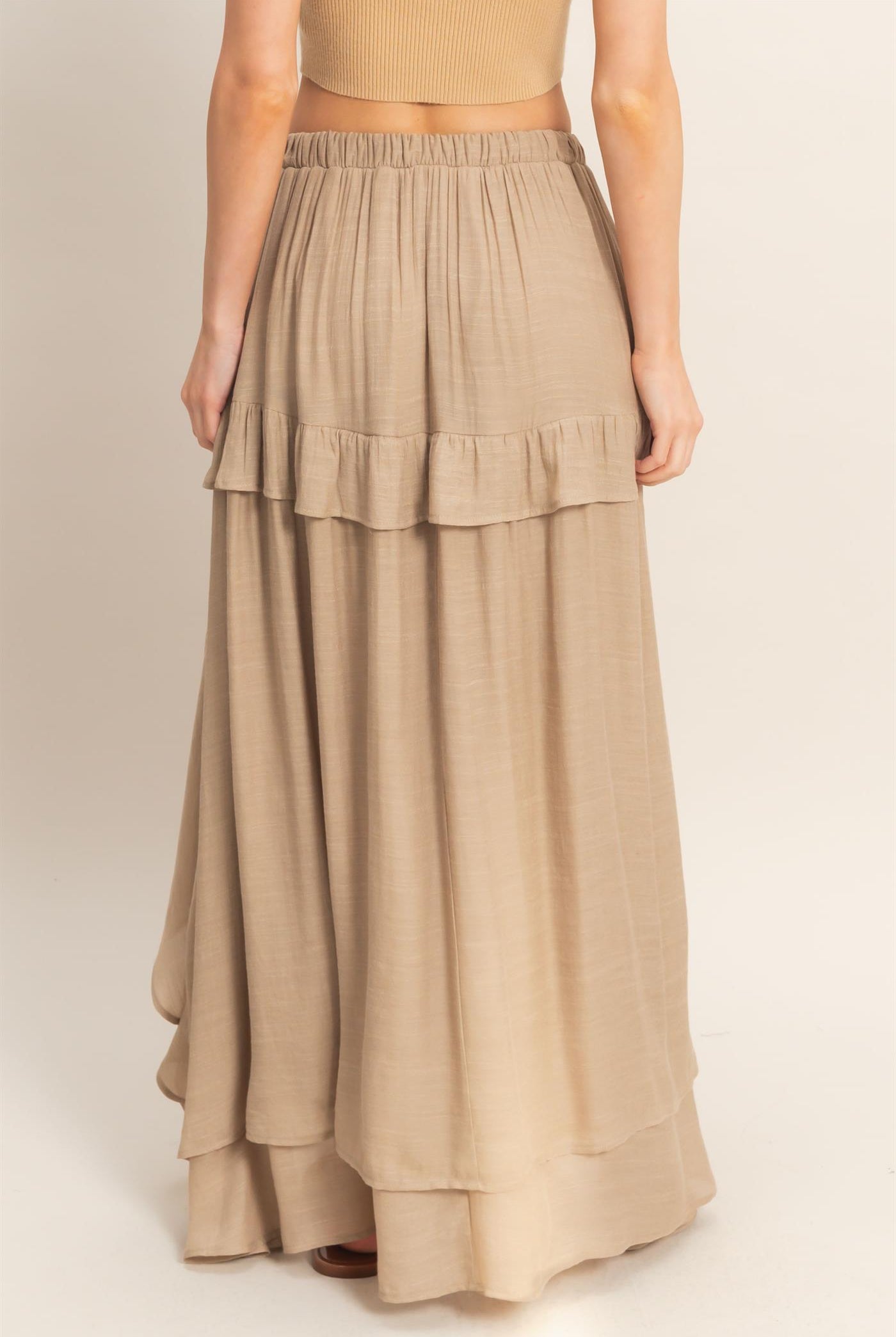 Wholesale Tiered Ruffle High-Low Skirt Skirts HF26C194 TAUPE HYFVE