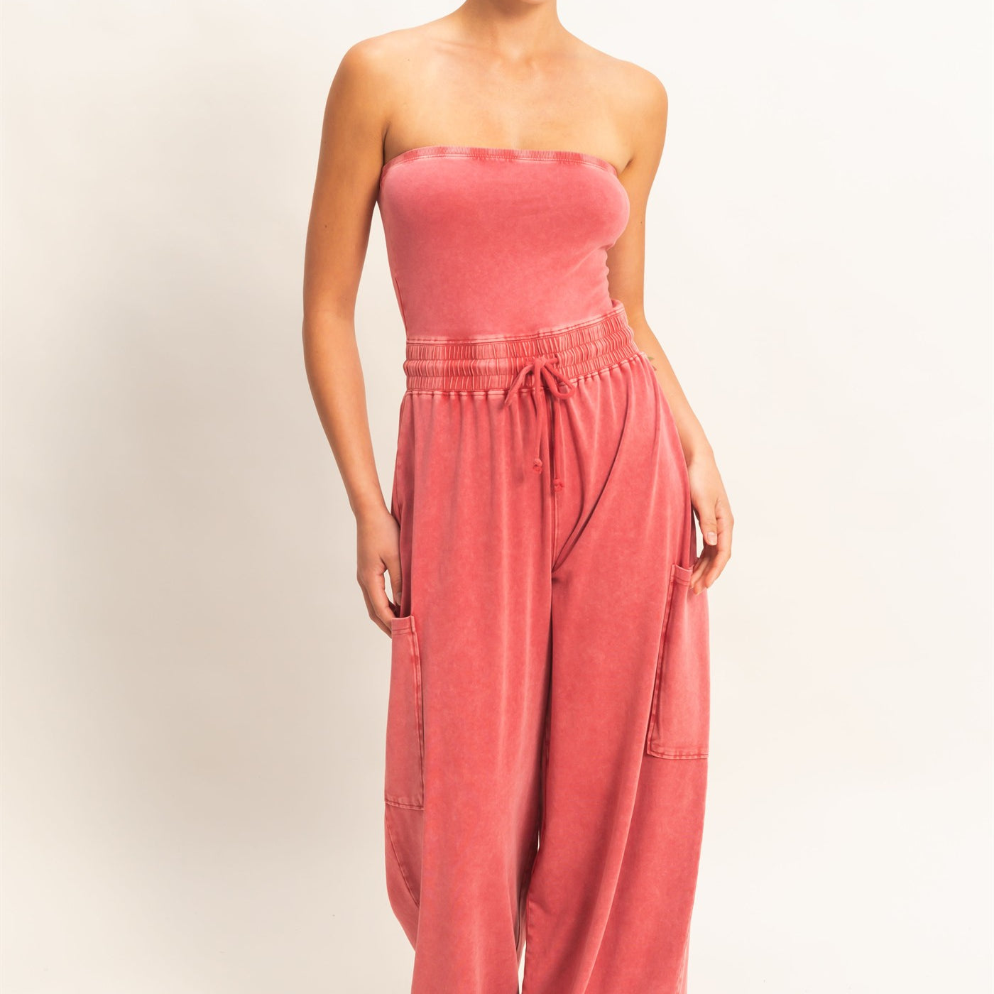 Wholesale Mineral Wash Strapless Wide-Leg Jumpsuit Clothing DZ26C376 DARK RED DOUBLE ZERO