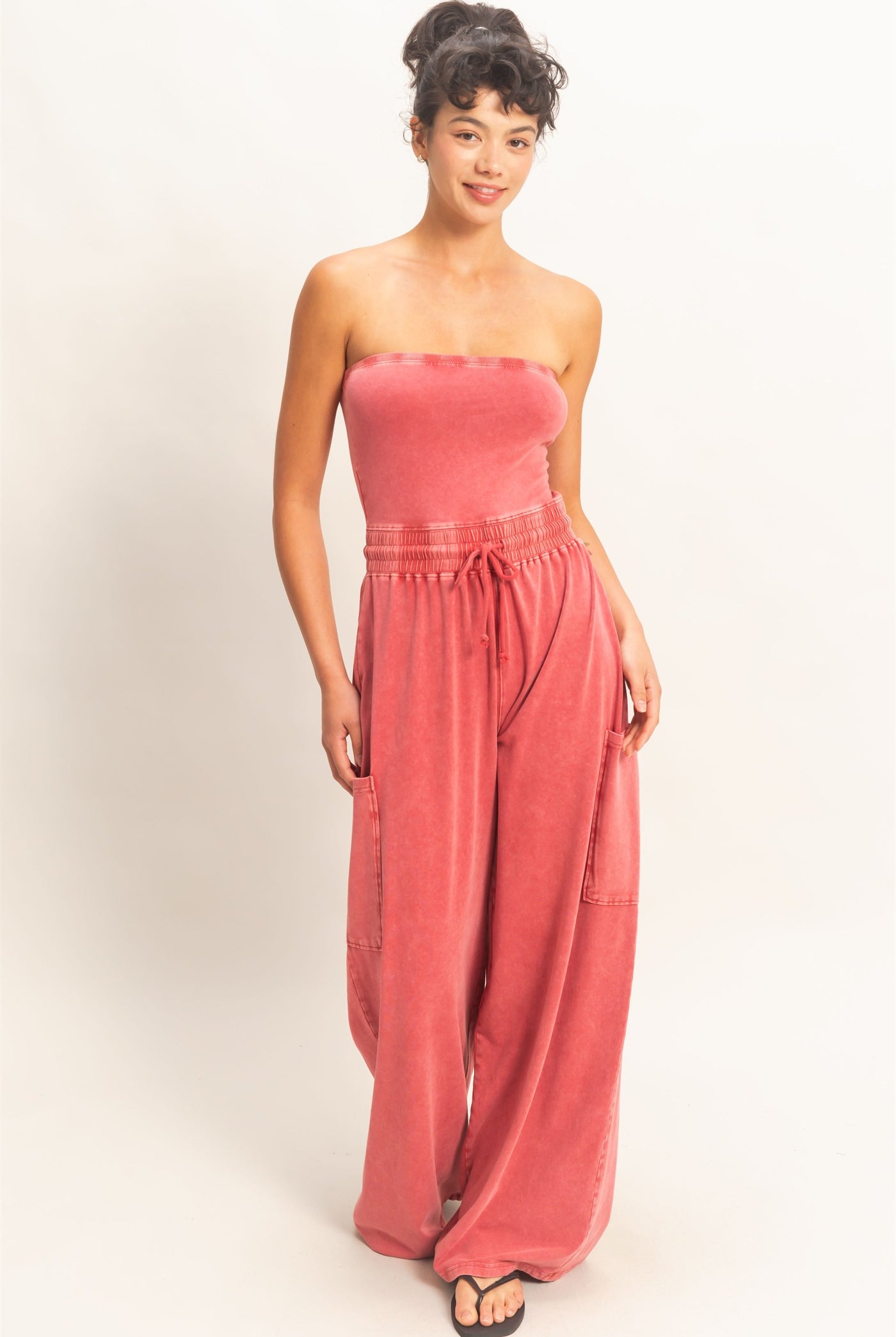 Wholesale Mineral Wash Strapless Wide-Leg Jumpsuit Clothing DZ26C376 DARK RED DOUBLE ZERO
