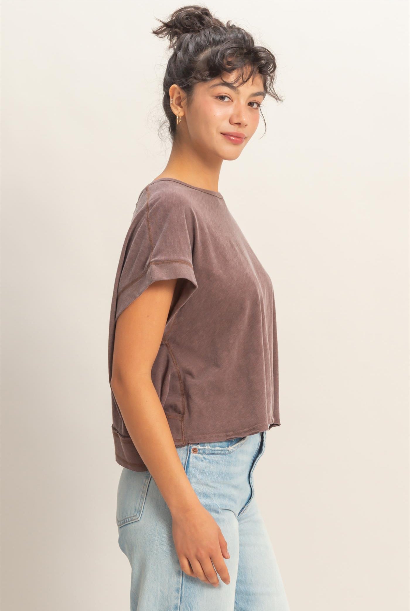 Wholesale Acid Wahsed Cross Detail Open Back Top Clothing Tops DZ26A225 CHOCOLATE DOUBLE ZERO