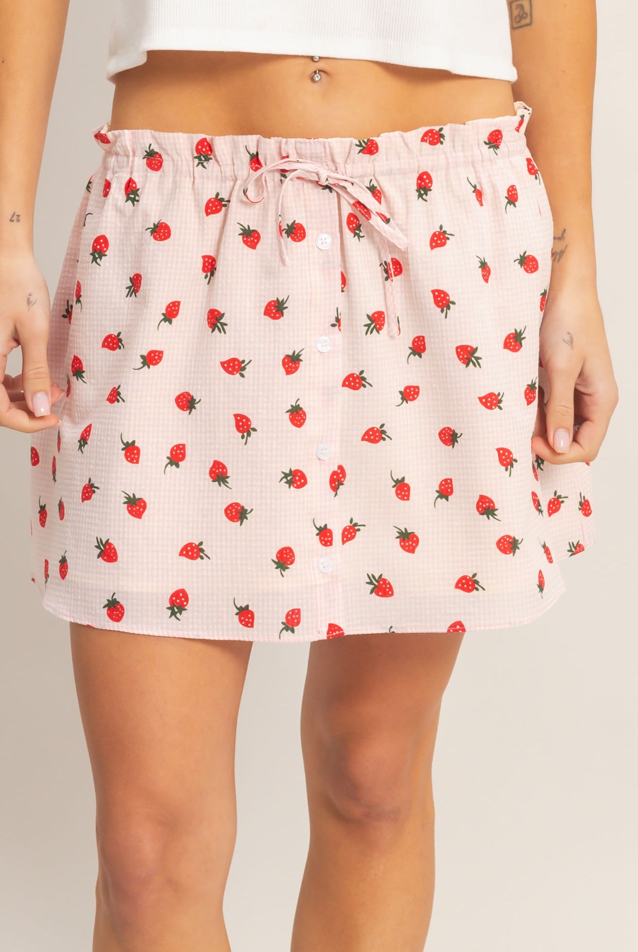 Wholesale Strawberry Print Gingham A-Line Skirt Skirts HF26A598 PINK HYFVE