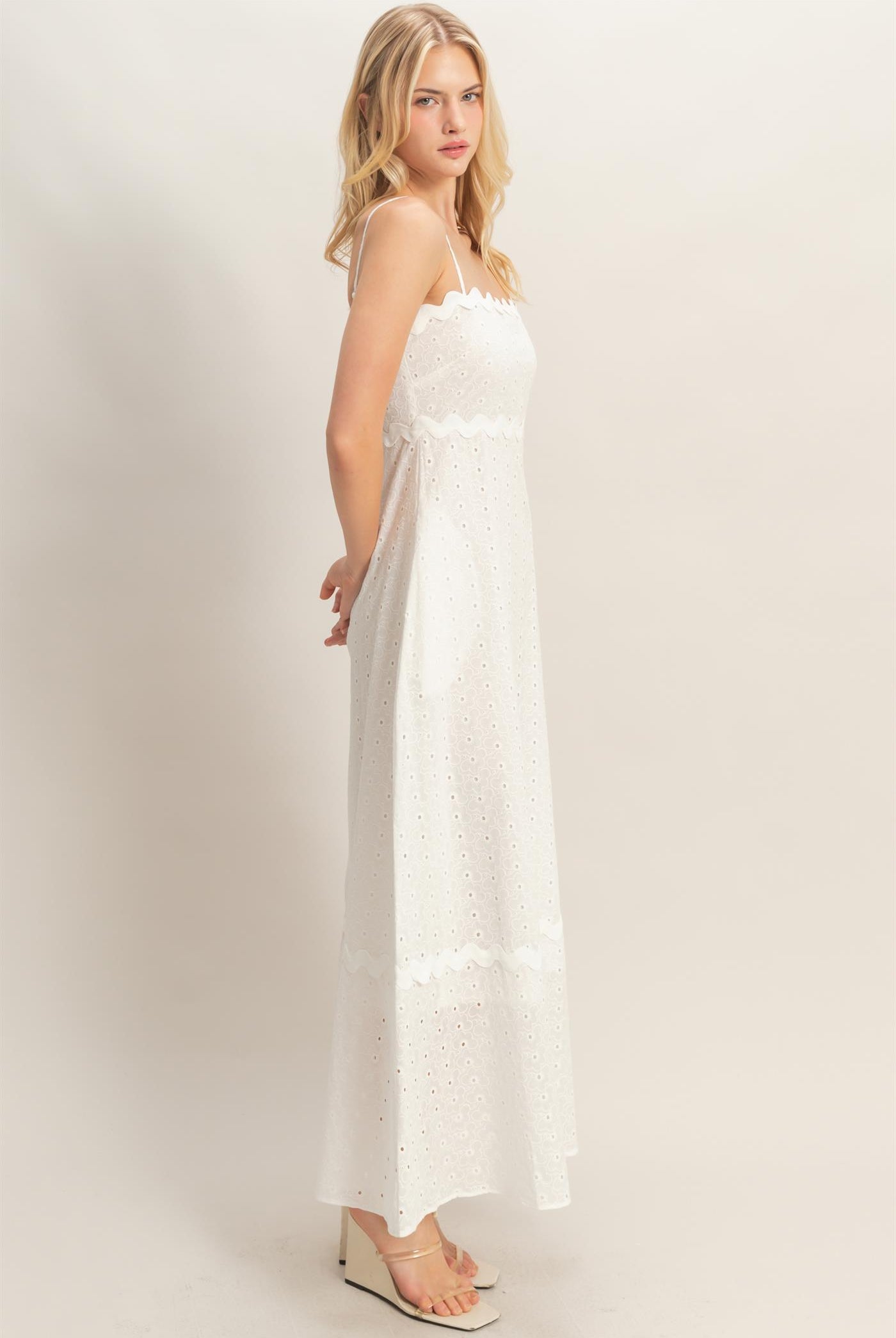 Wholesale Scallop Trim Eyelet Midi Dress Dresses HF26A694 WHITE HYFVE