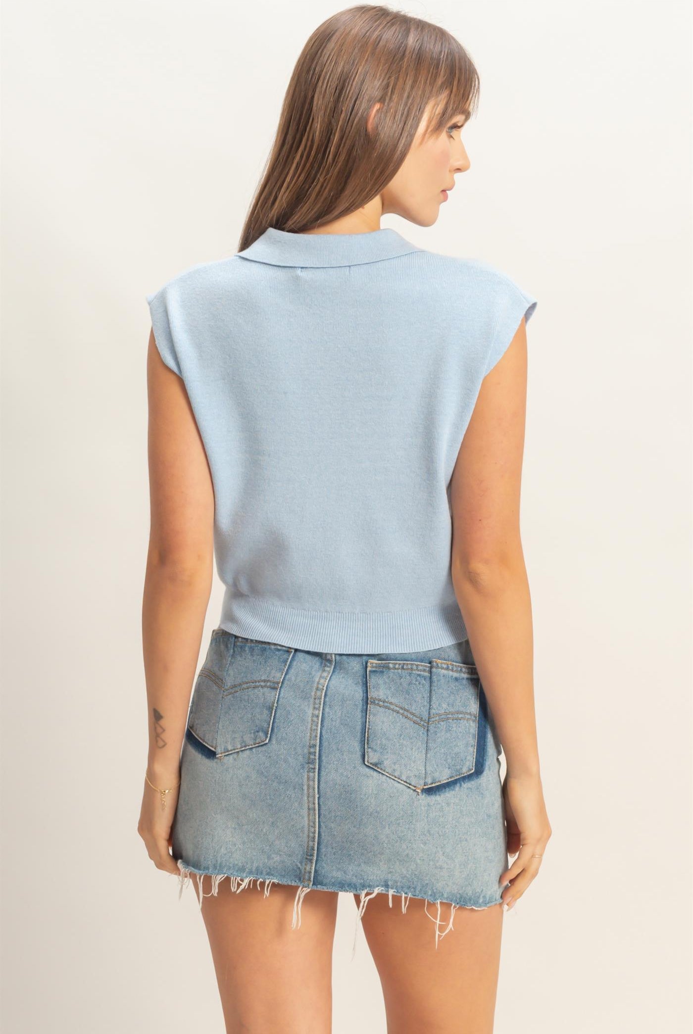 Wholesale Sleeveless Collared Knit Top Clothing Tops HF26A631 BLUE HYFVE