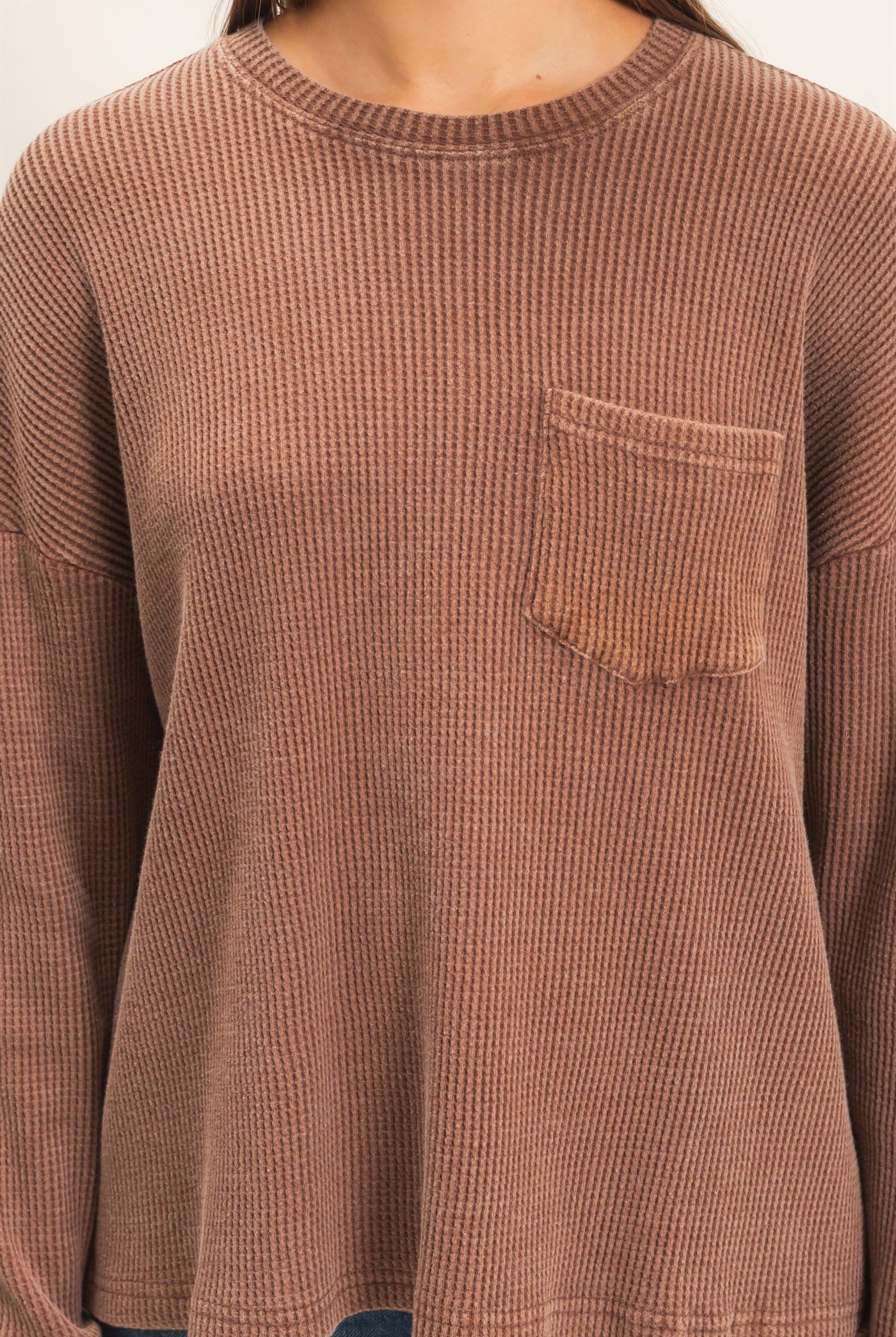 Wholesale Mineral Wash Waffle Long Sleeve Top Clothing Tops DZ26F242 DARK BROWN DOUBLE ZERO