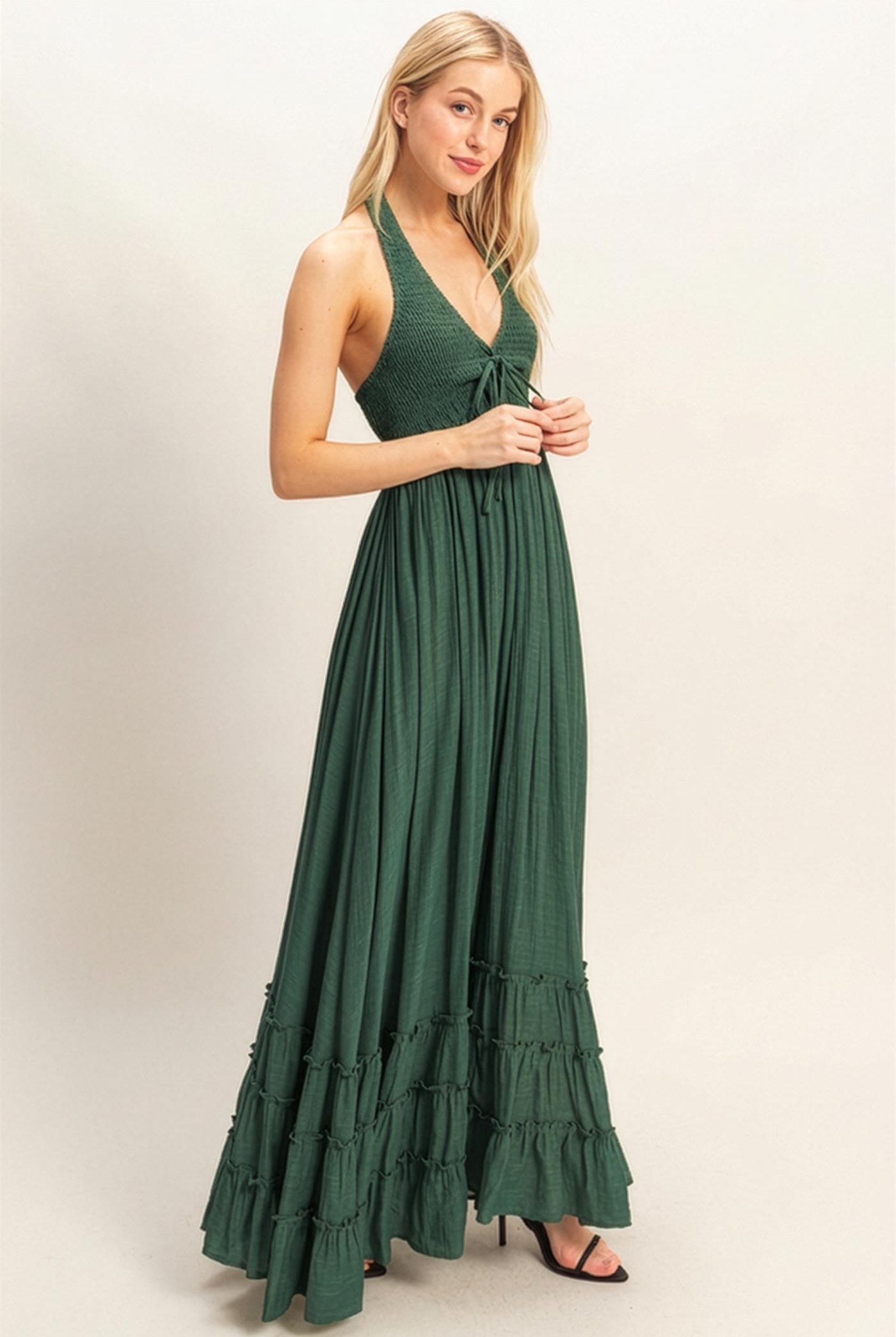 Wholesale Halter Neck Smocked Maxi Dress Dresses HF26C287-D HUNTER GREEN HYFVE
