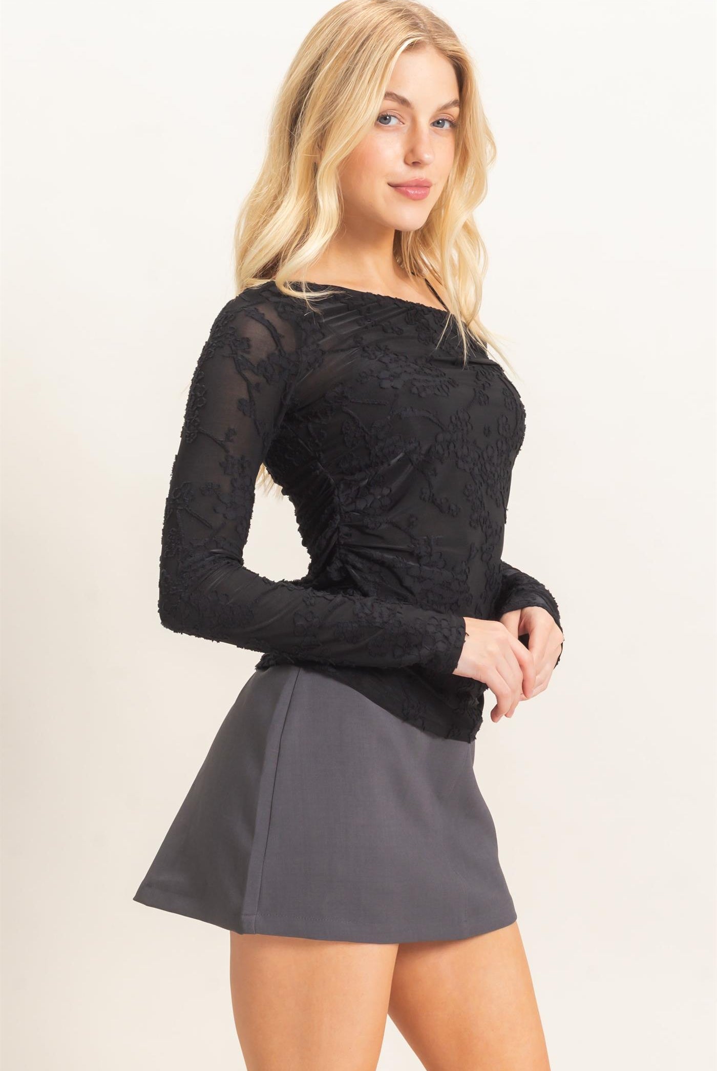 Wholesale Textured Mesh Off-Shoulder Top Blouses HF26F043 BLACK HYFVE