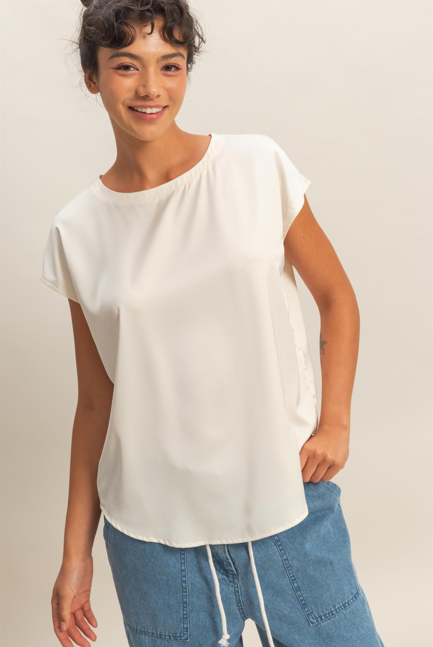 Wholesale Satin Dolman Sleeve Round Neck Blouse Clothing Tops DZ26C181 WHIP CREAM DOUBLE ZERO