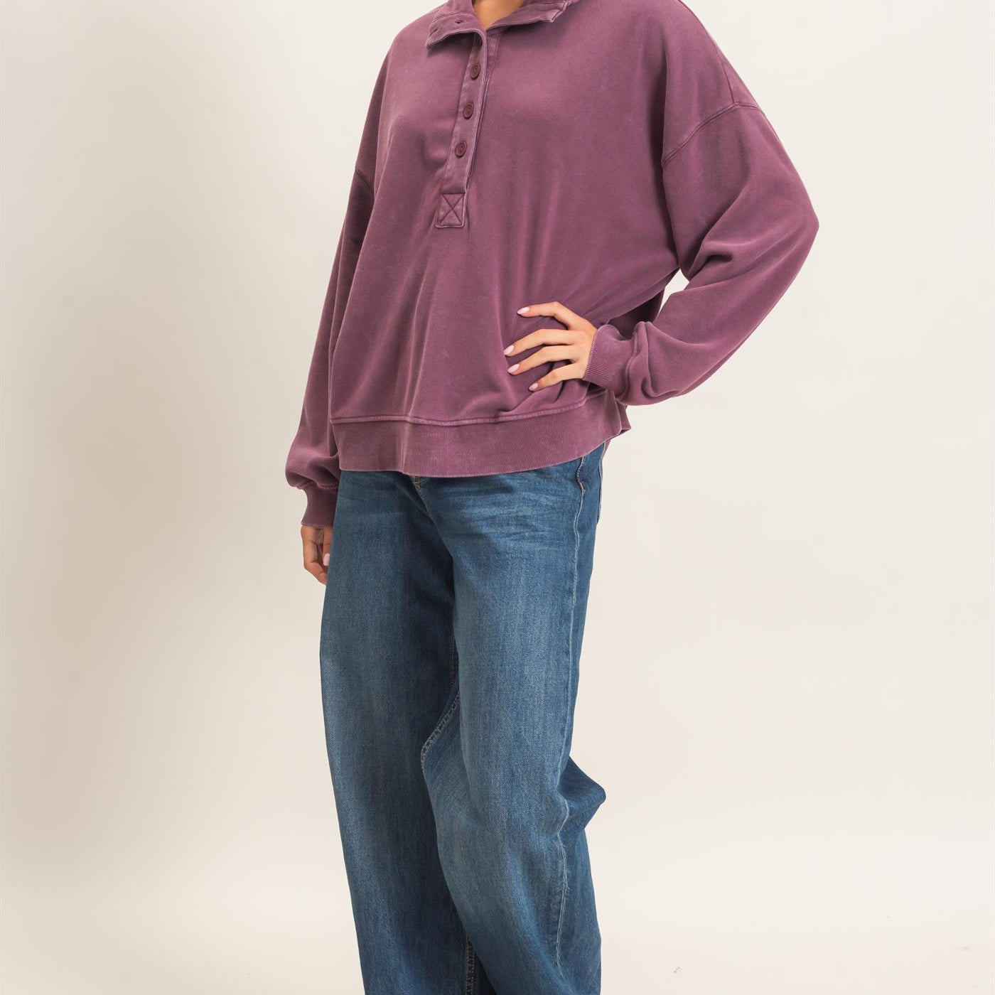 Wholesale Mineral Wash Button Front Sweatshirt Sweatshirts DZ26C909 DARK CHERRY DOUBLE ZERO