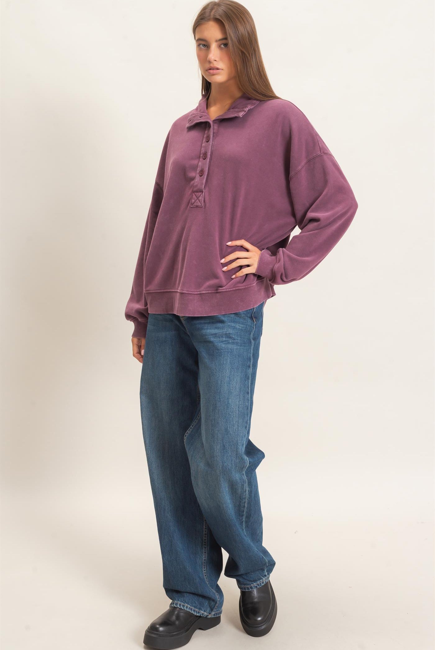 Wholesale Mineral Wash Button Front Sweatshirt Sweatshirts DZ26C909 DARK CHERRY DOUBLE ZERO
