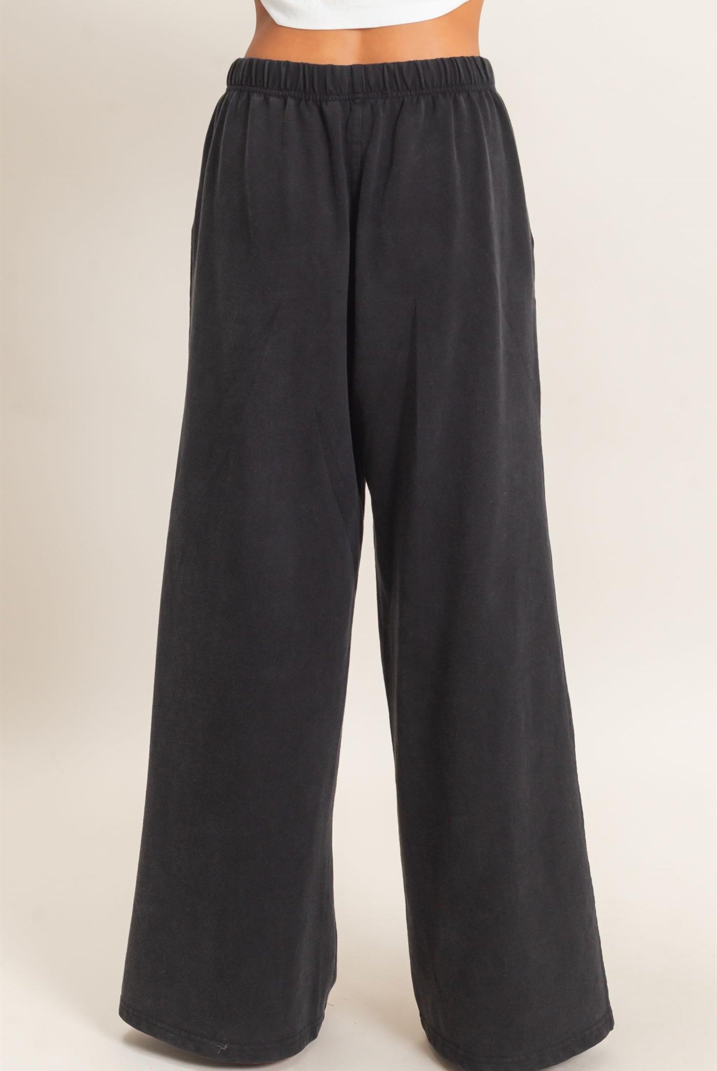 Wholesale Acid Wash Drawstring Waist Wide Leg Pants Pants DZ25A685 BLACK DOUBLE ZERO