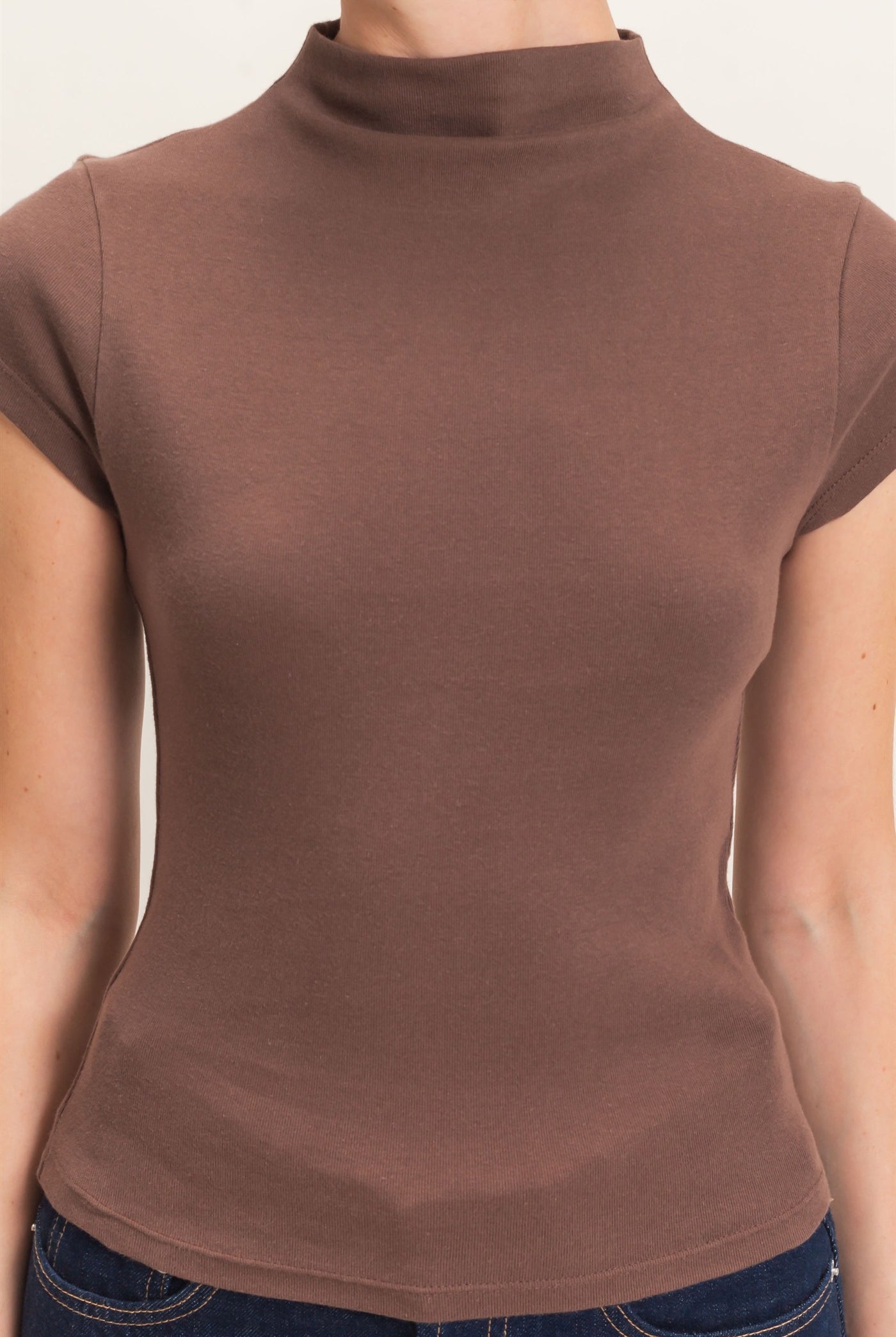 Wholesale Mock Neck Cap Sleeve Top Clothing Tops DZ26E323 DARK BROWN DOUBLE ZERO