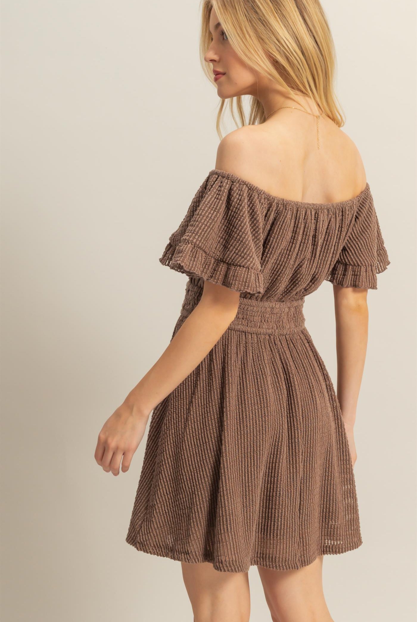 Wholesale Crochet Off-The-Shoulder Mini Dress Dresses HF25E125 BROWN HYFVE