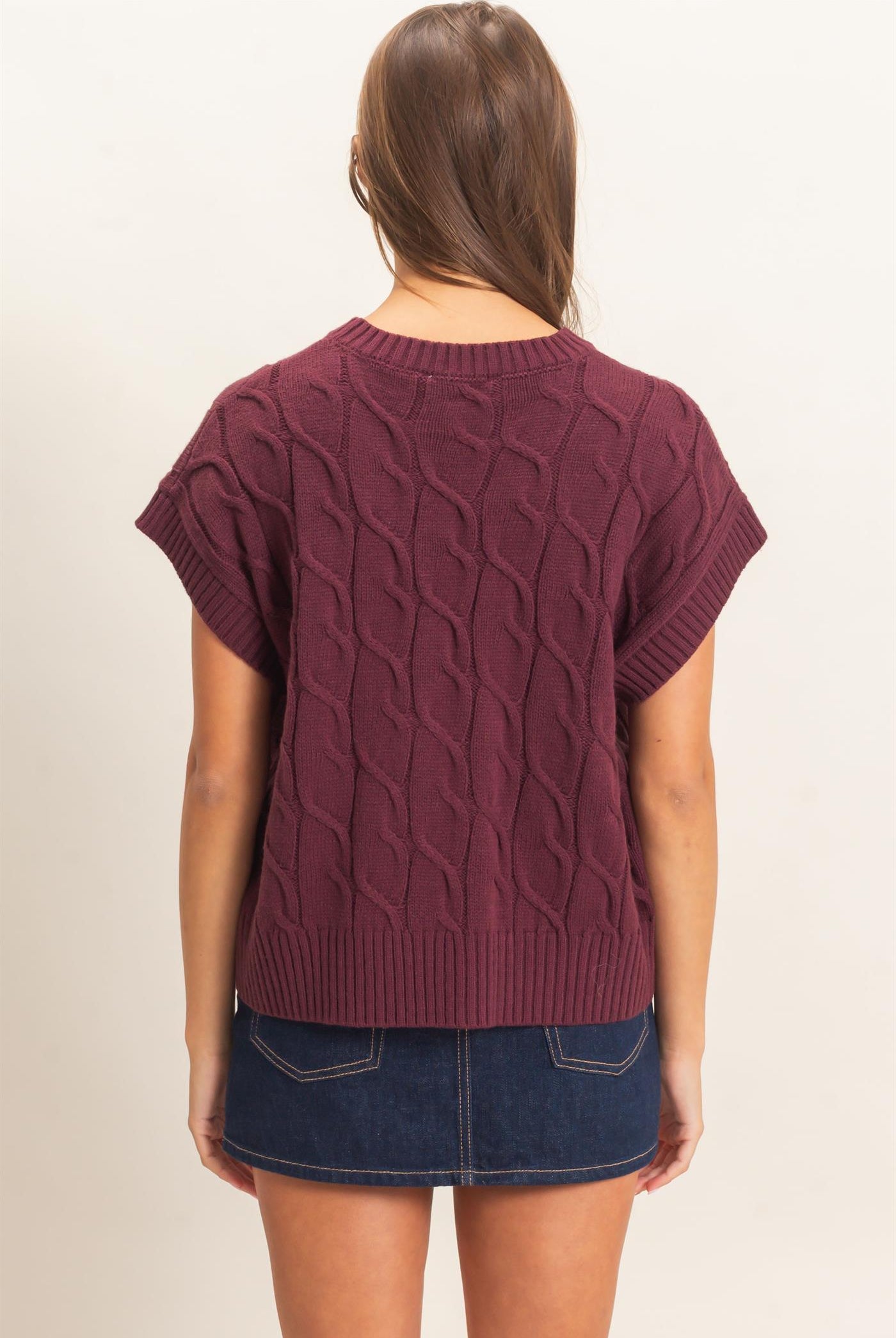 Wholesale Cable Knit Cap Sleeve Sweater Sweaters DZ26C974 DARK CHERRY DOUBLE ZERO