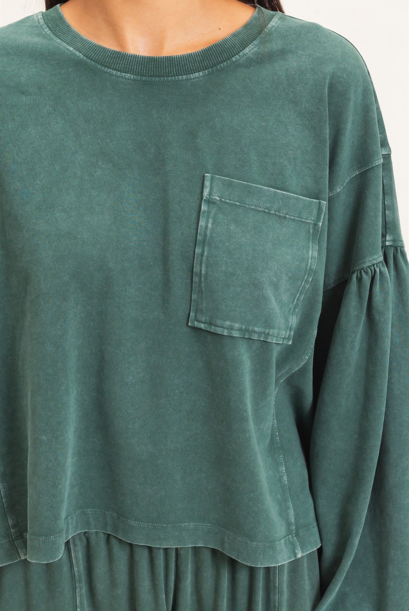 Wholesale Mineral Wash Puff Long Sleeve Boxy Top Clothing Tops DZ26F402 DARK GREEN DOUBLE ZERO
